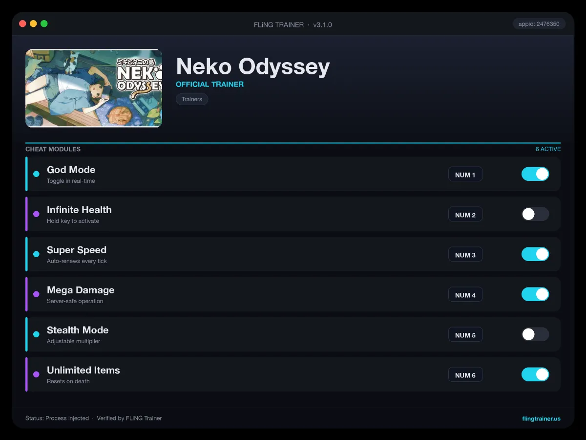 Neko Odyssey Trainer interface