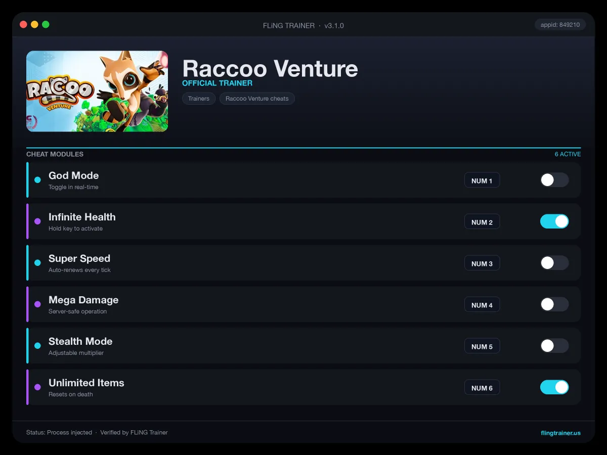 Raccoo Venture Trainer interface