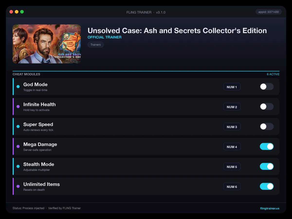 Unsolved Case: Ash and Secrets Collector's Edition Trainer interface