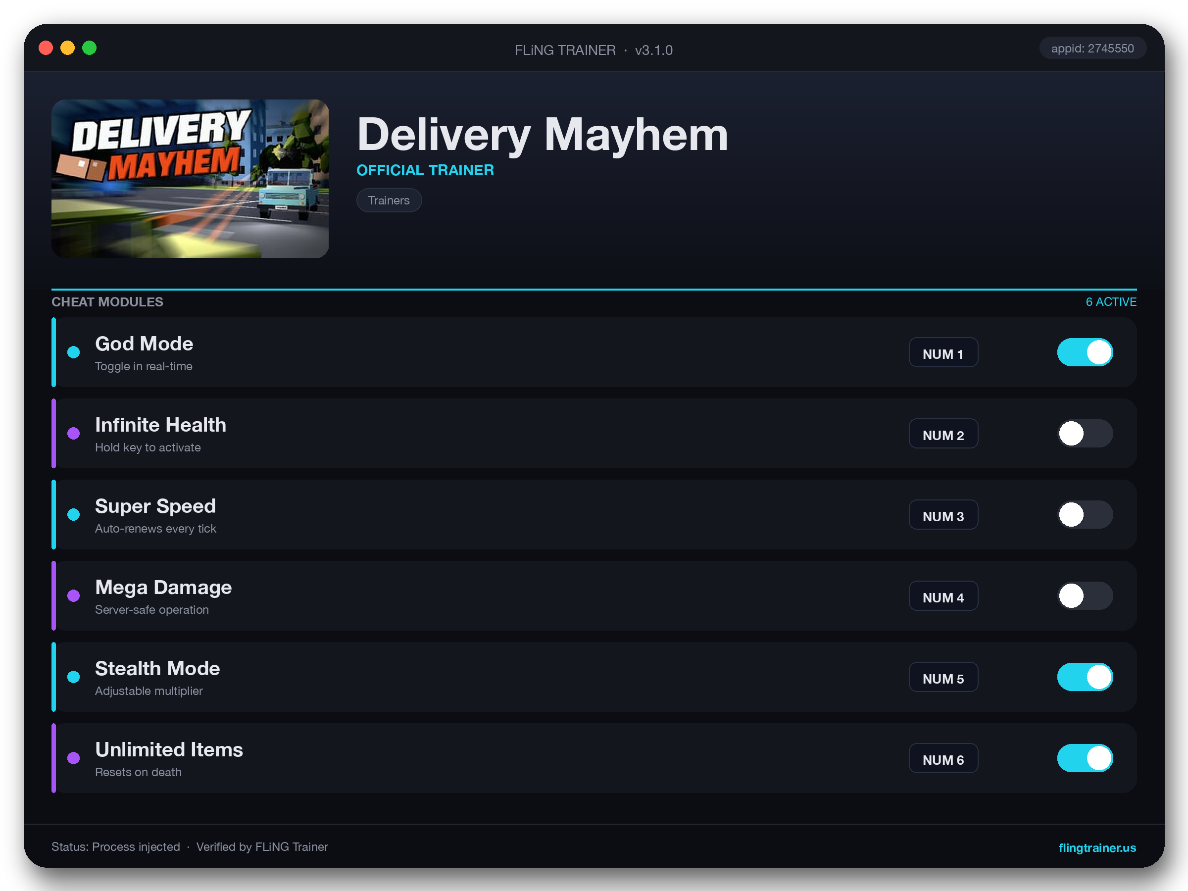 Delivery Mayhem Trainer interface