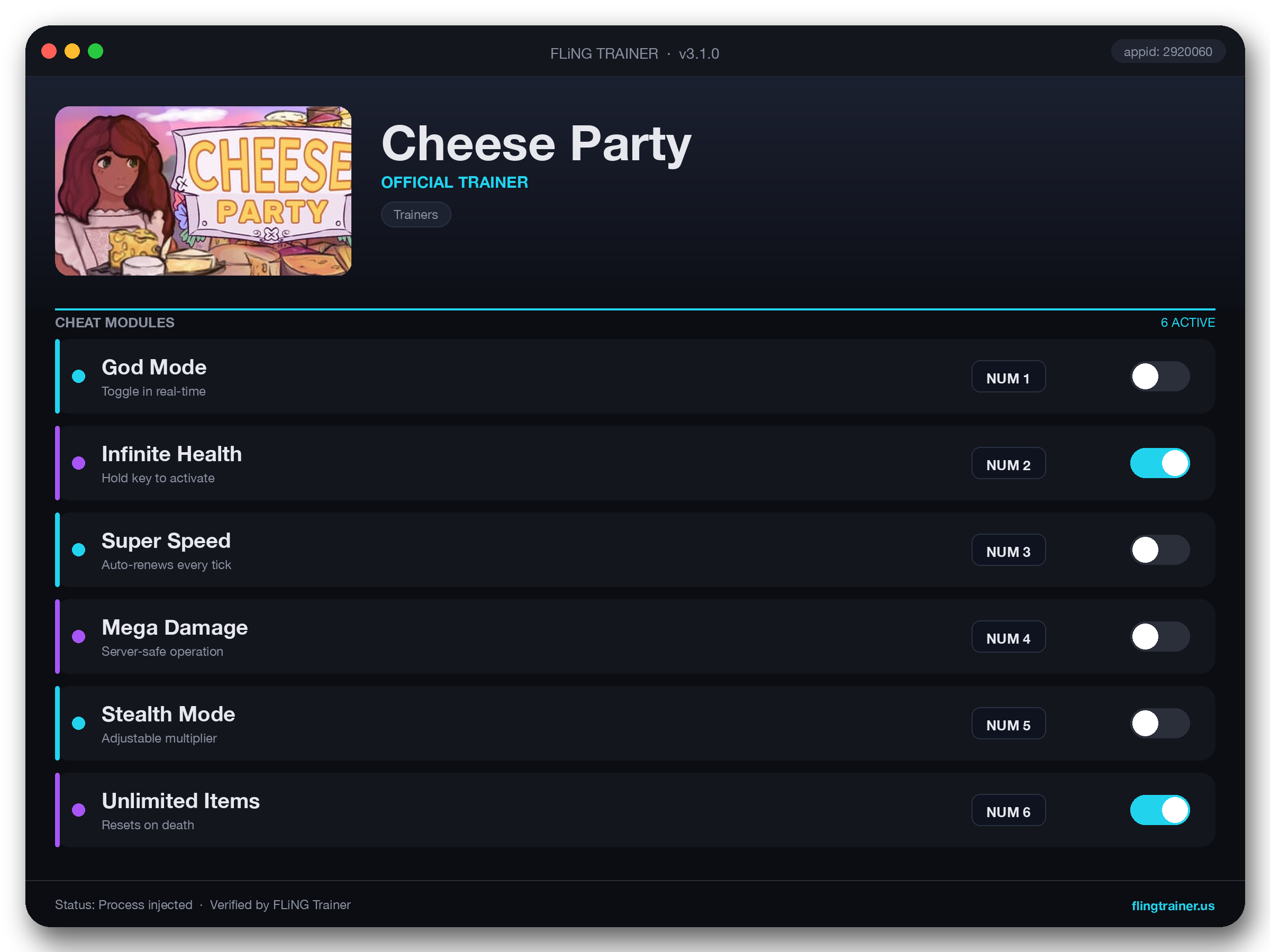 Cheese Party Trainer interface