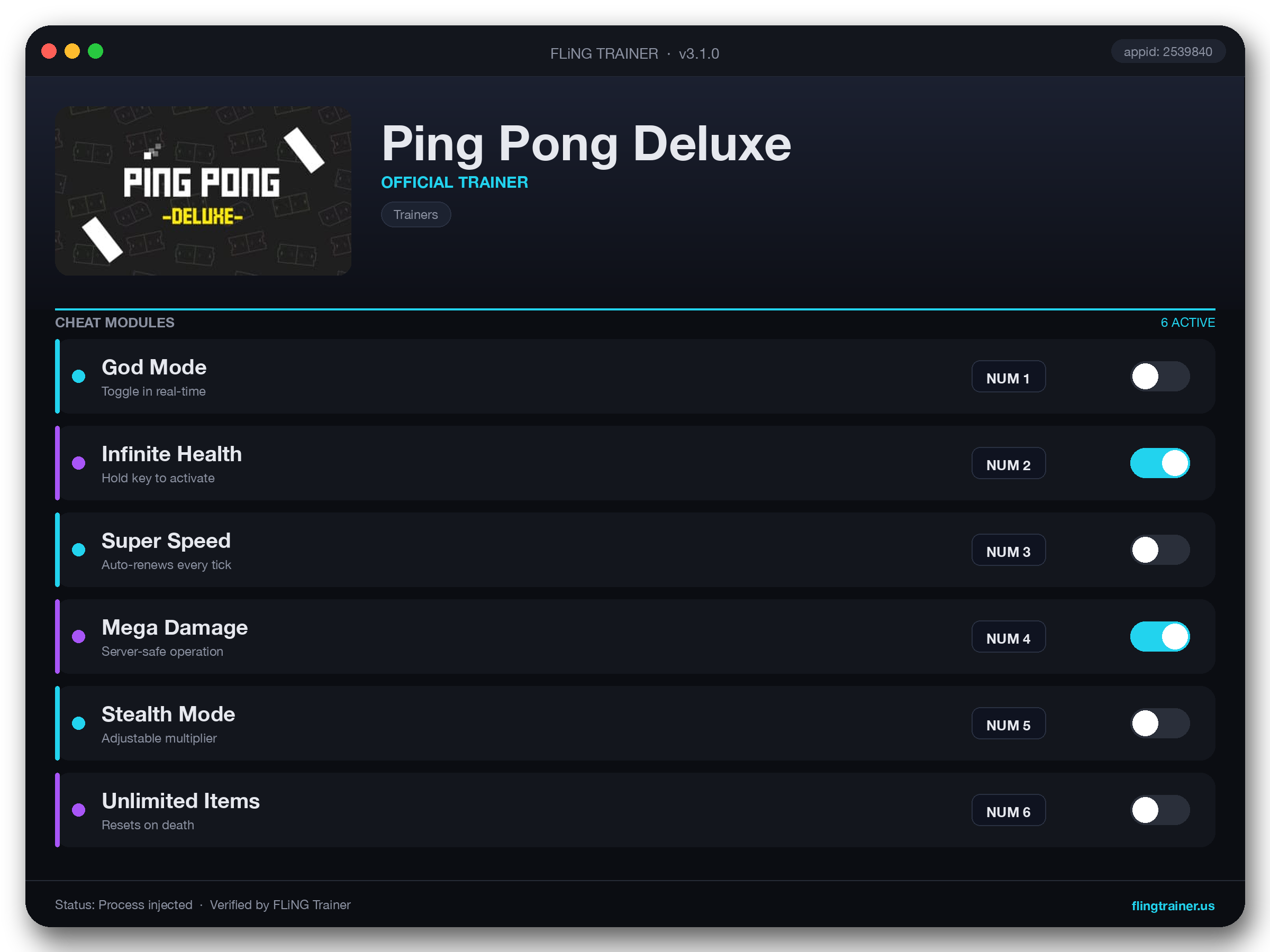 Ping Pong Deluxe Trainer interface