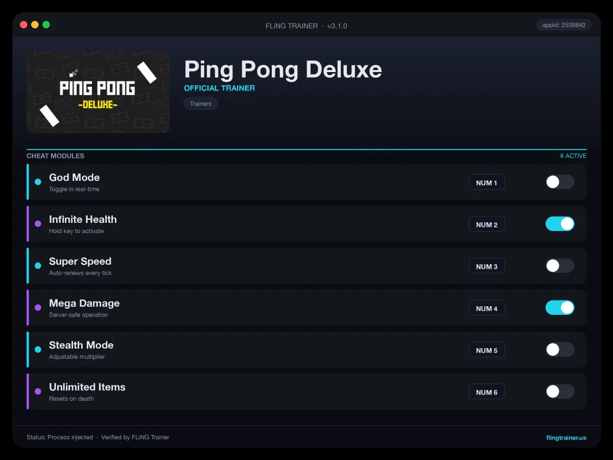 Ping Pong Deluxe Trainer interface