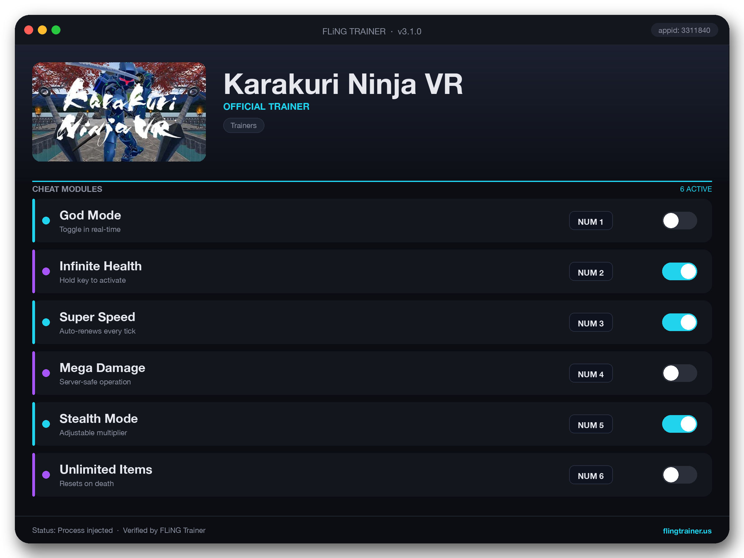 Karakuri Ninja VR Trainer interface