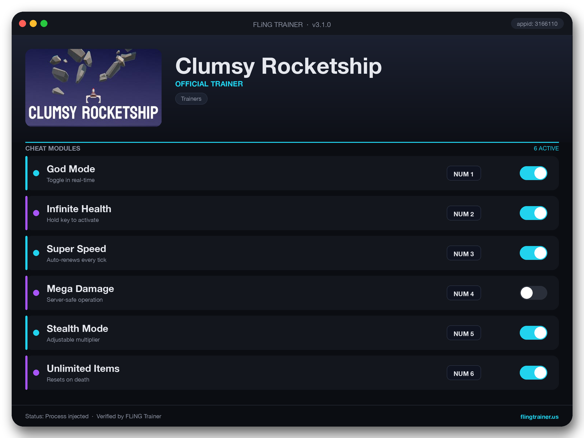 Clumsy Rocketship Trainer interface
