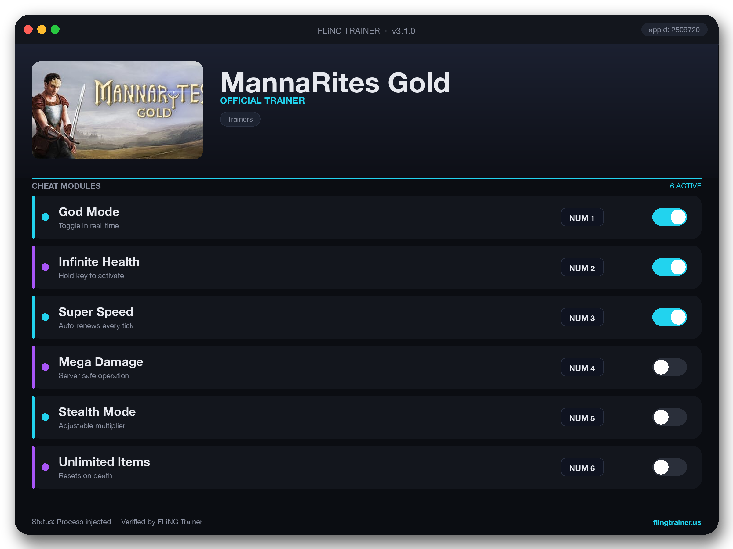 MannaRites Gold Trainer interface