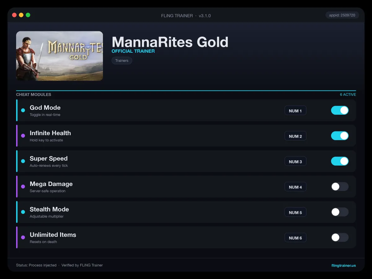 MannaRites Gold Trainer interface