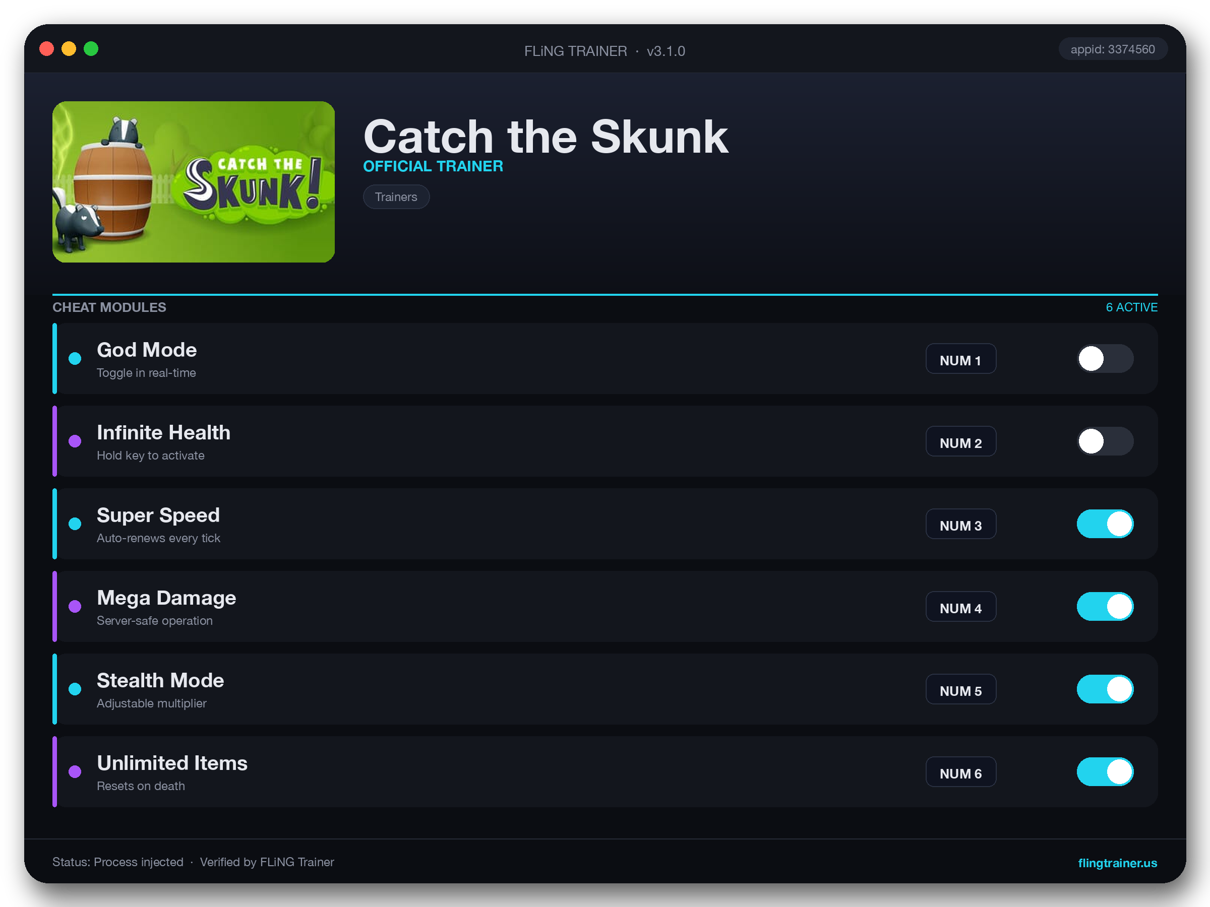 Catch the Skunk Trainer interface