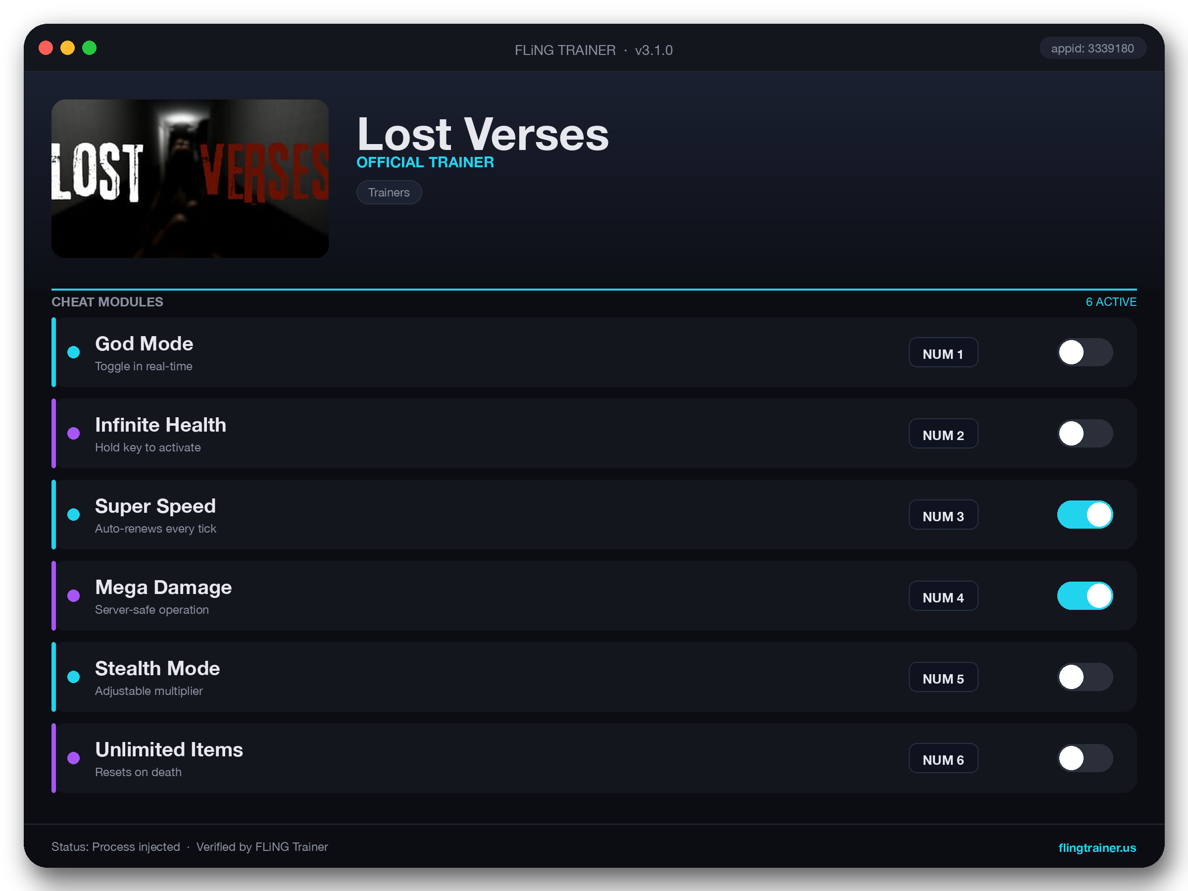 Lost Verses Trainer interface