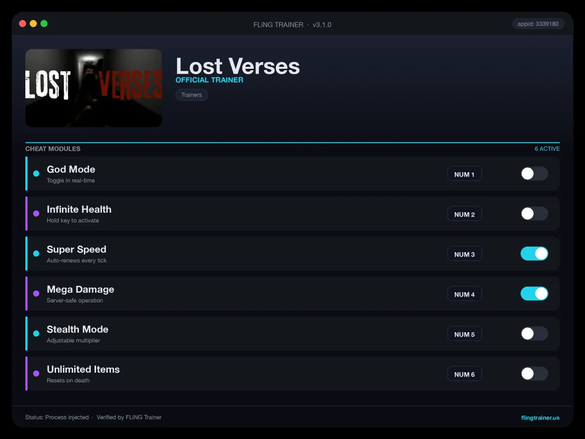 Lost Verses Trainer interface