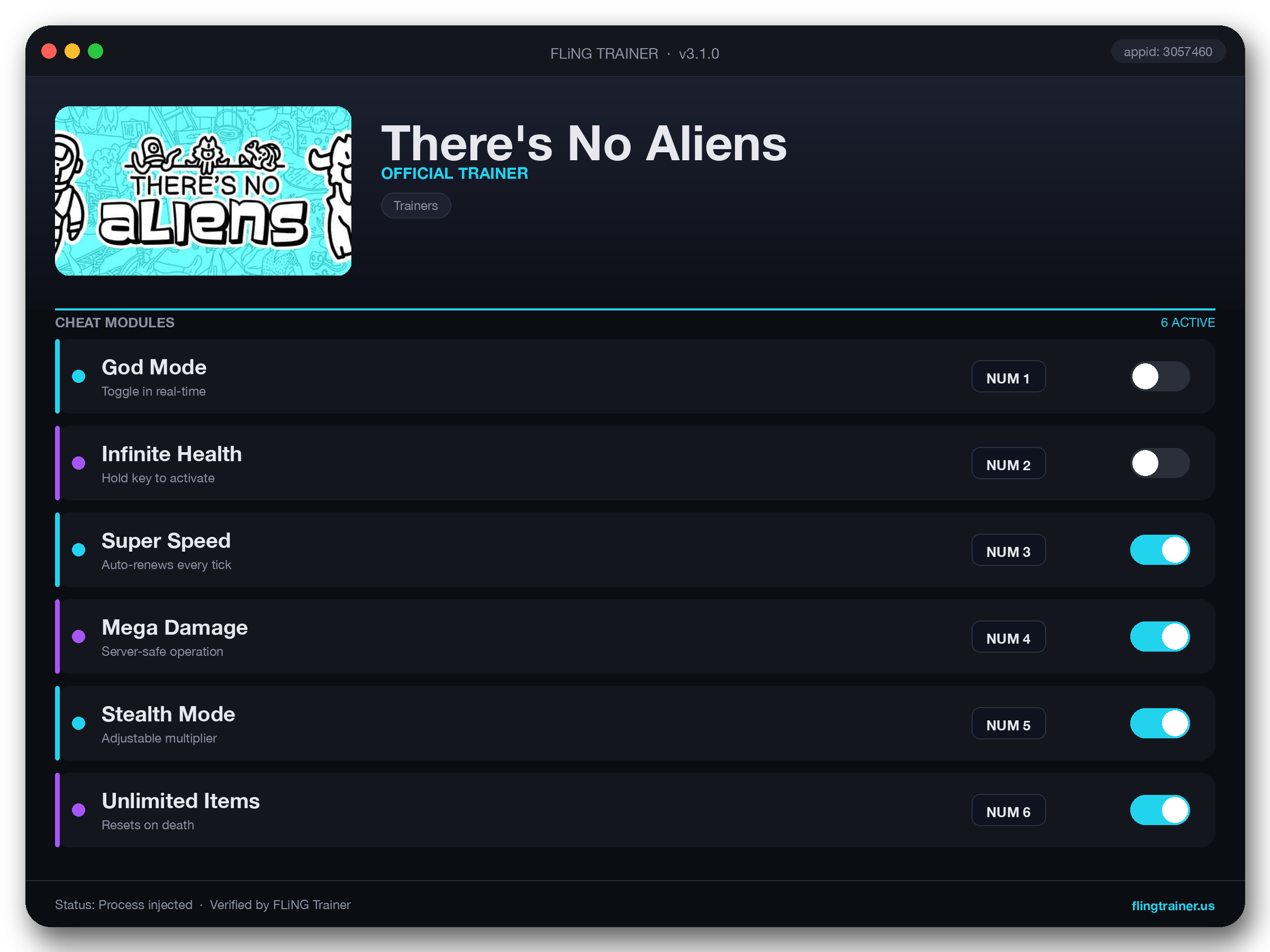 There's No Aliens Trainer interface