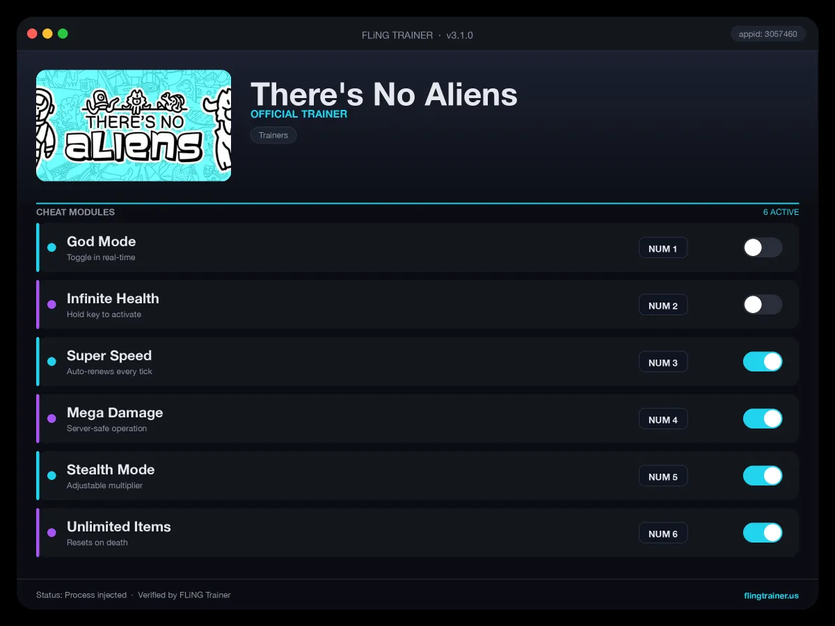 There's No Aliens Trainer interface