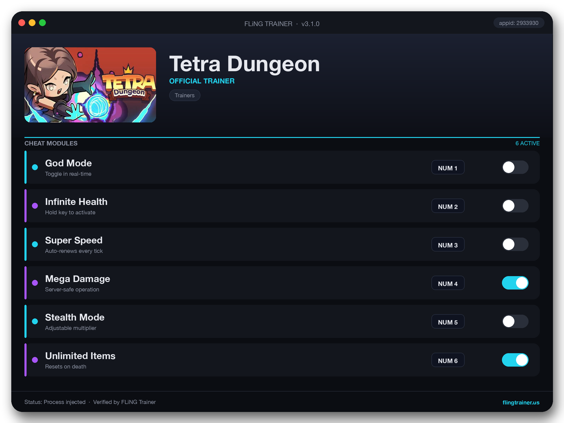 Tetra Dungeon Trainer interface