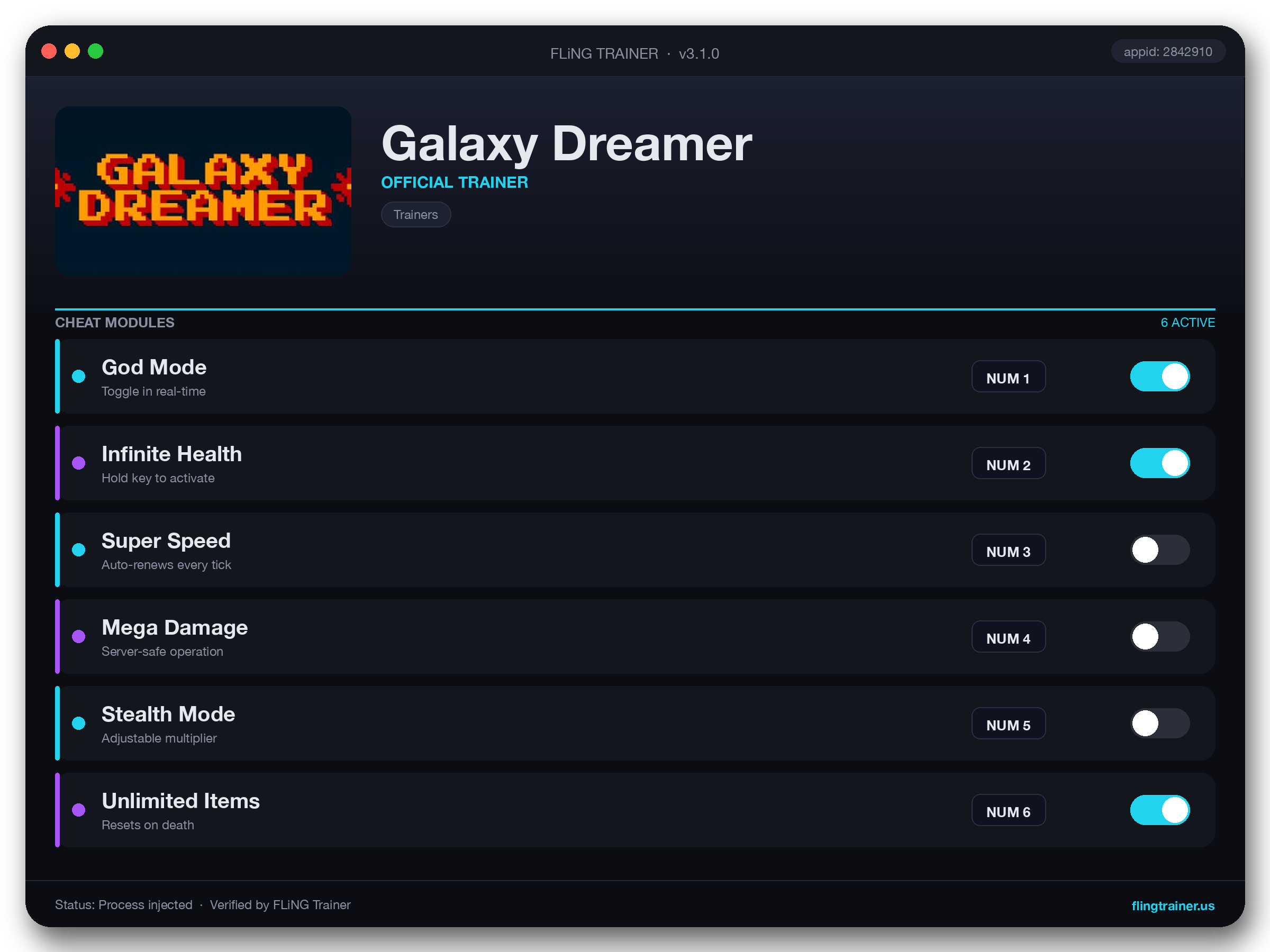 Galaxy Dreamer Trainer interface
