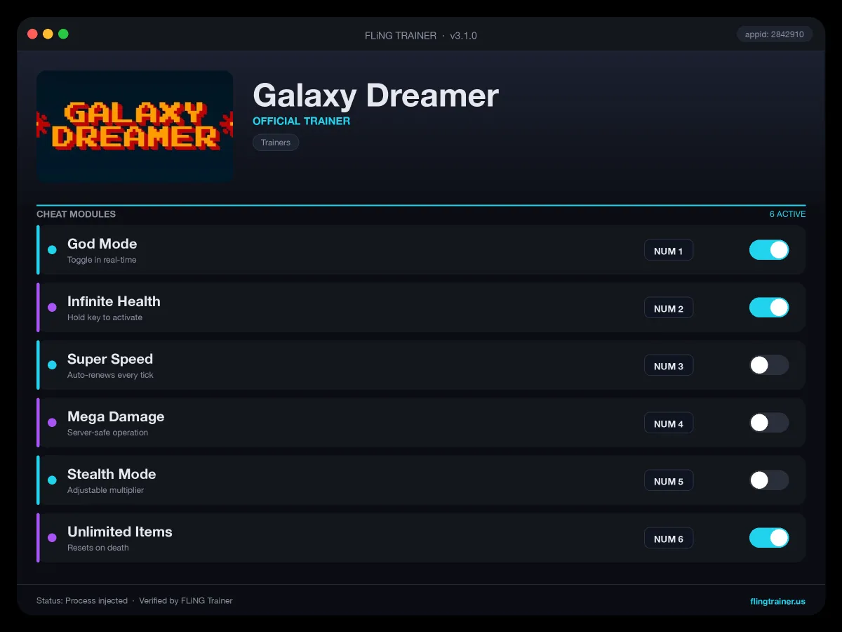 Galaxy Dreamer Trainer interface