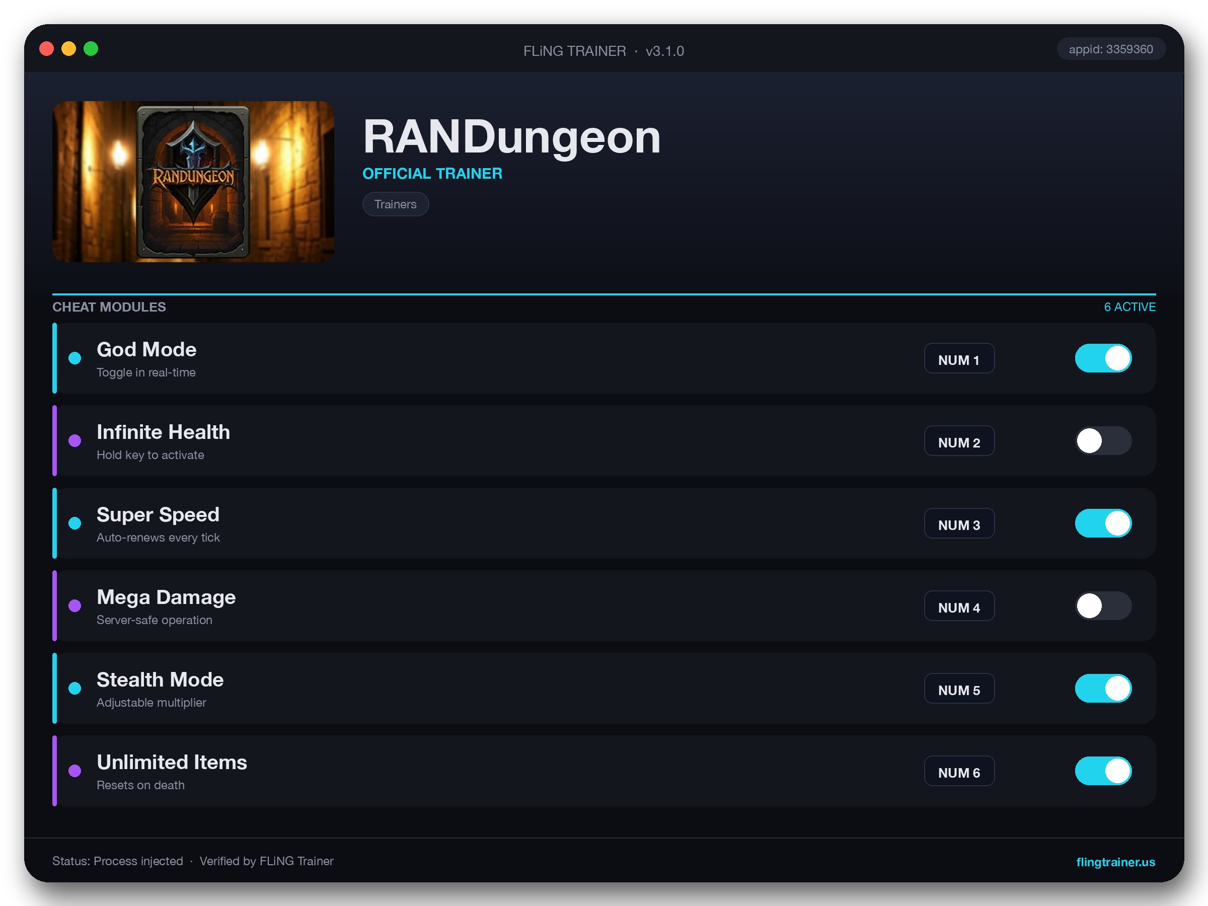 RANDungeon Trainer interface