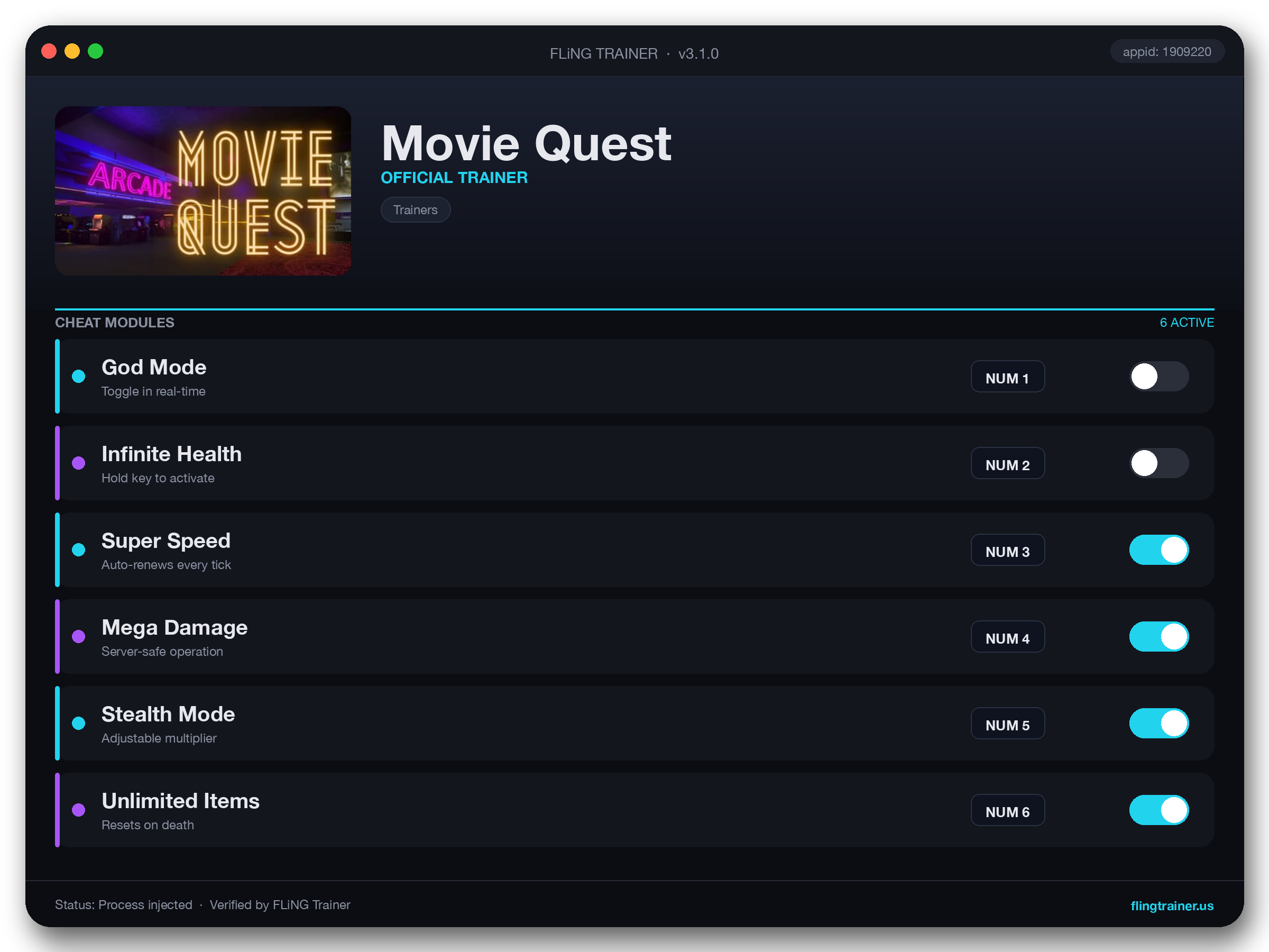 Movie Quest Trainer interface