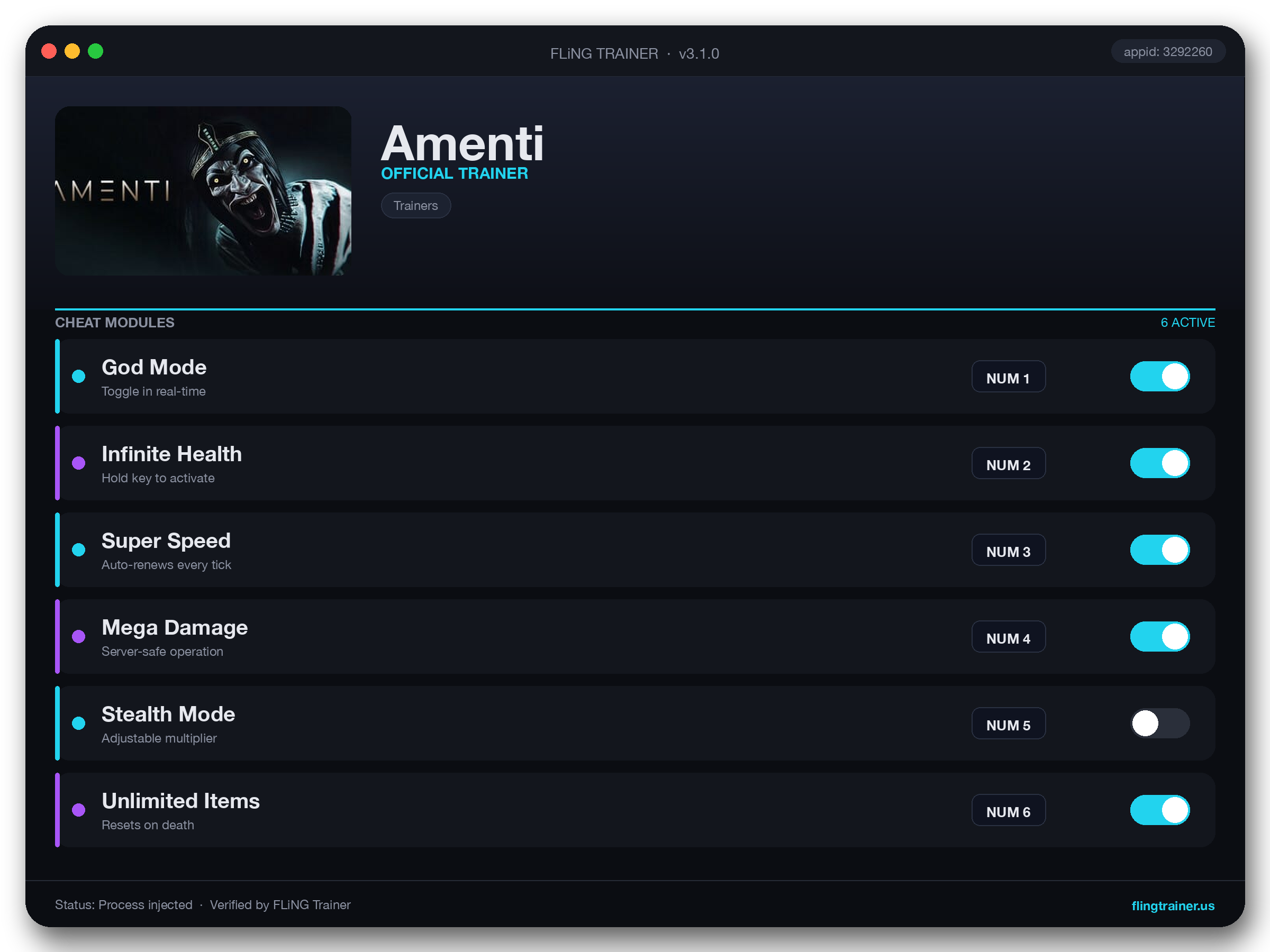 Amenti Trainer interface