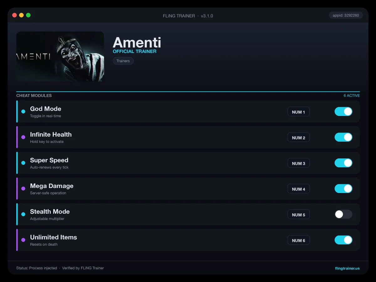 Amenti Trainer interface