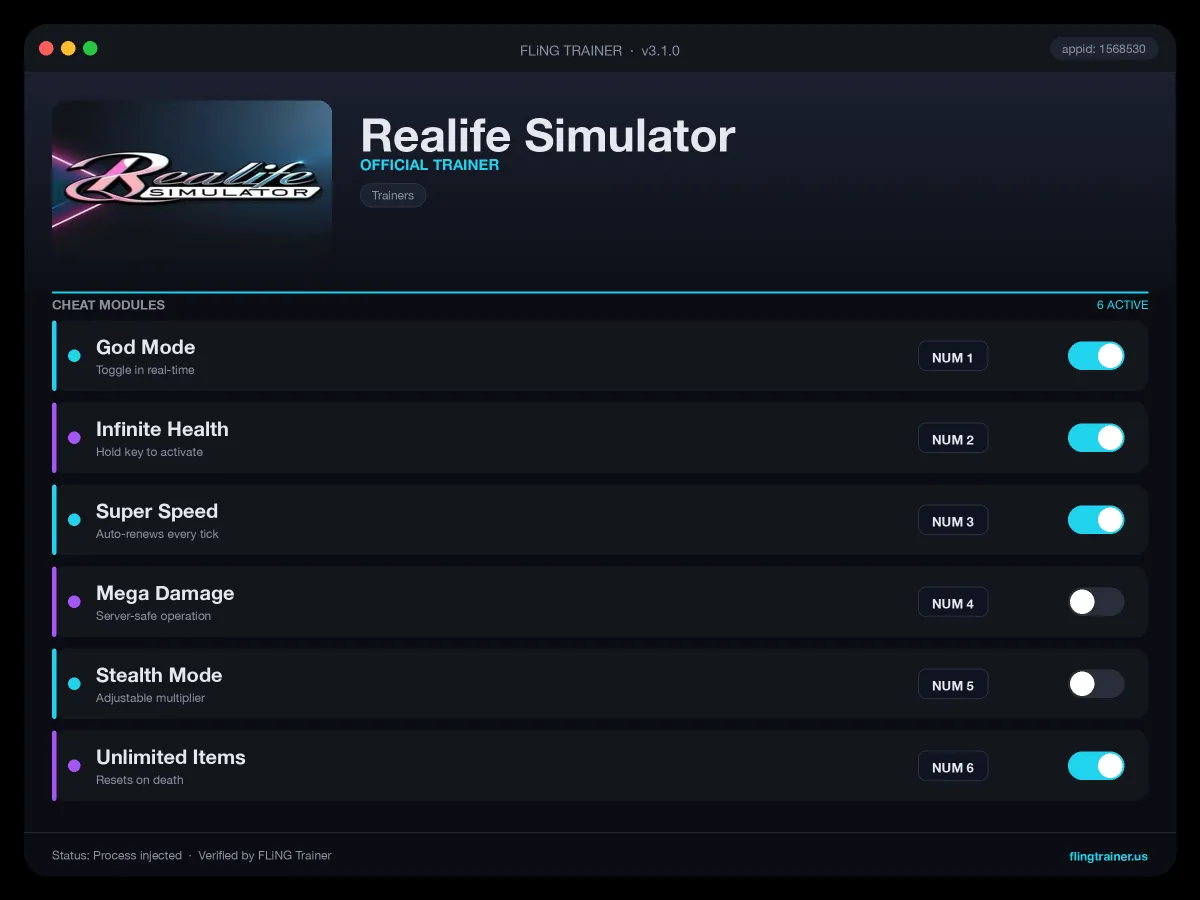 Realife Simulator Trainer interface