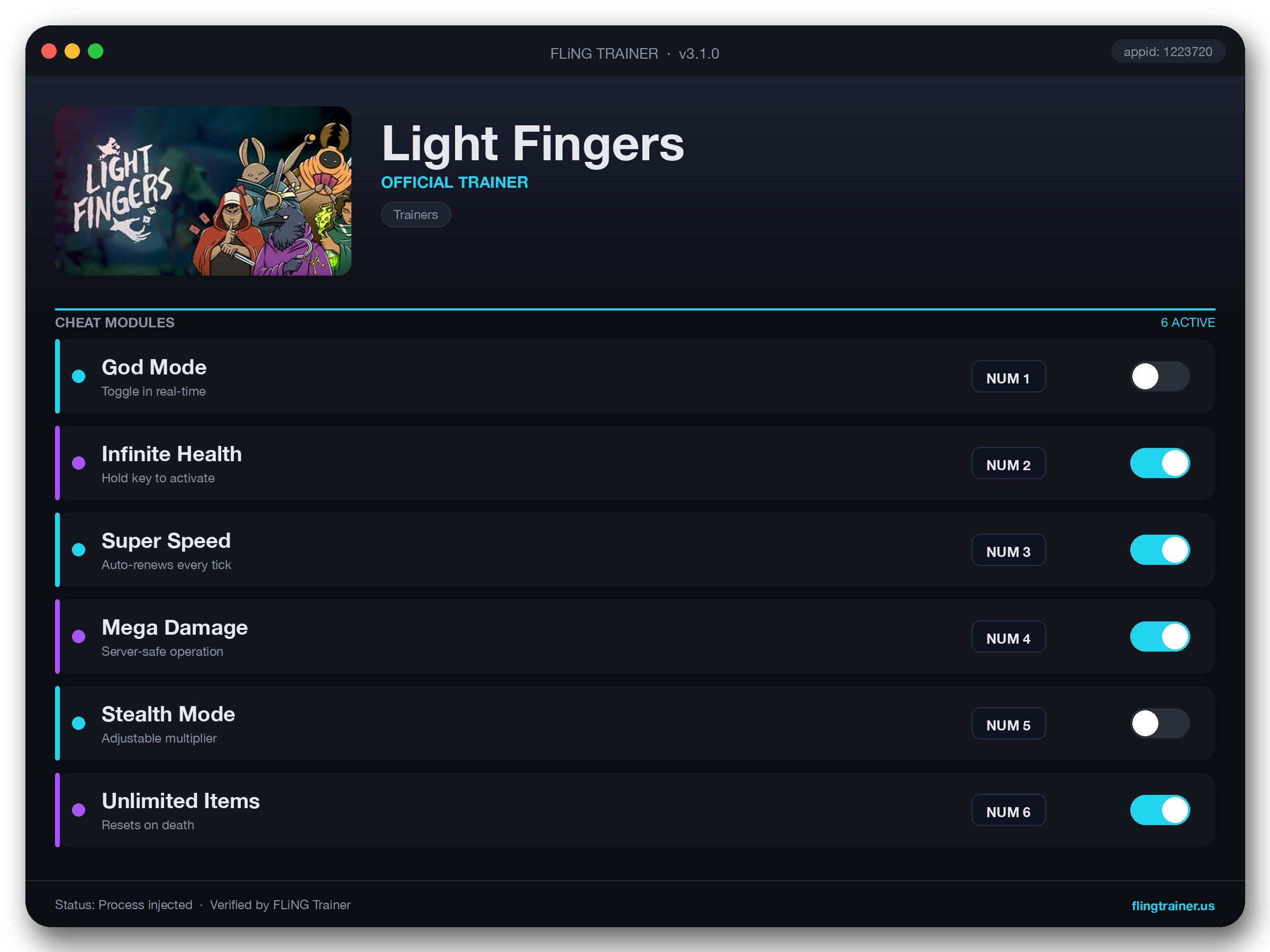 Light Fingers Trainer interface
