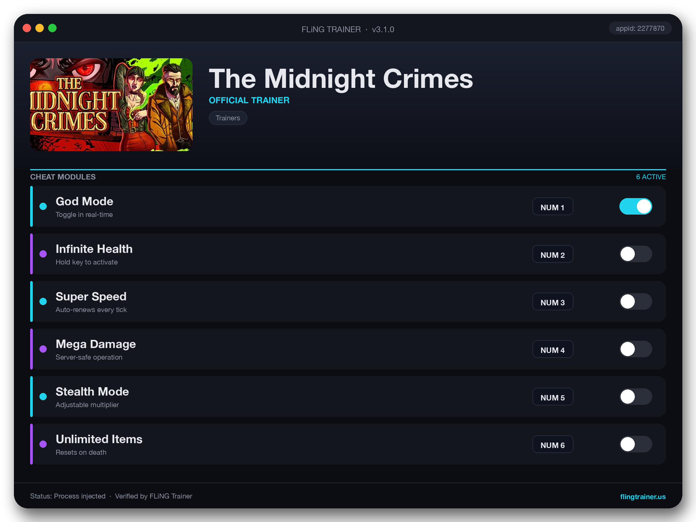The Midnight Crimes Trainer interface