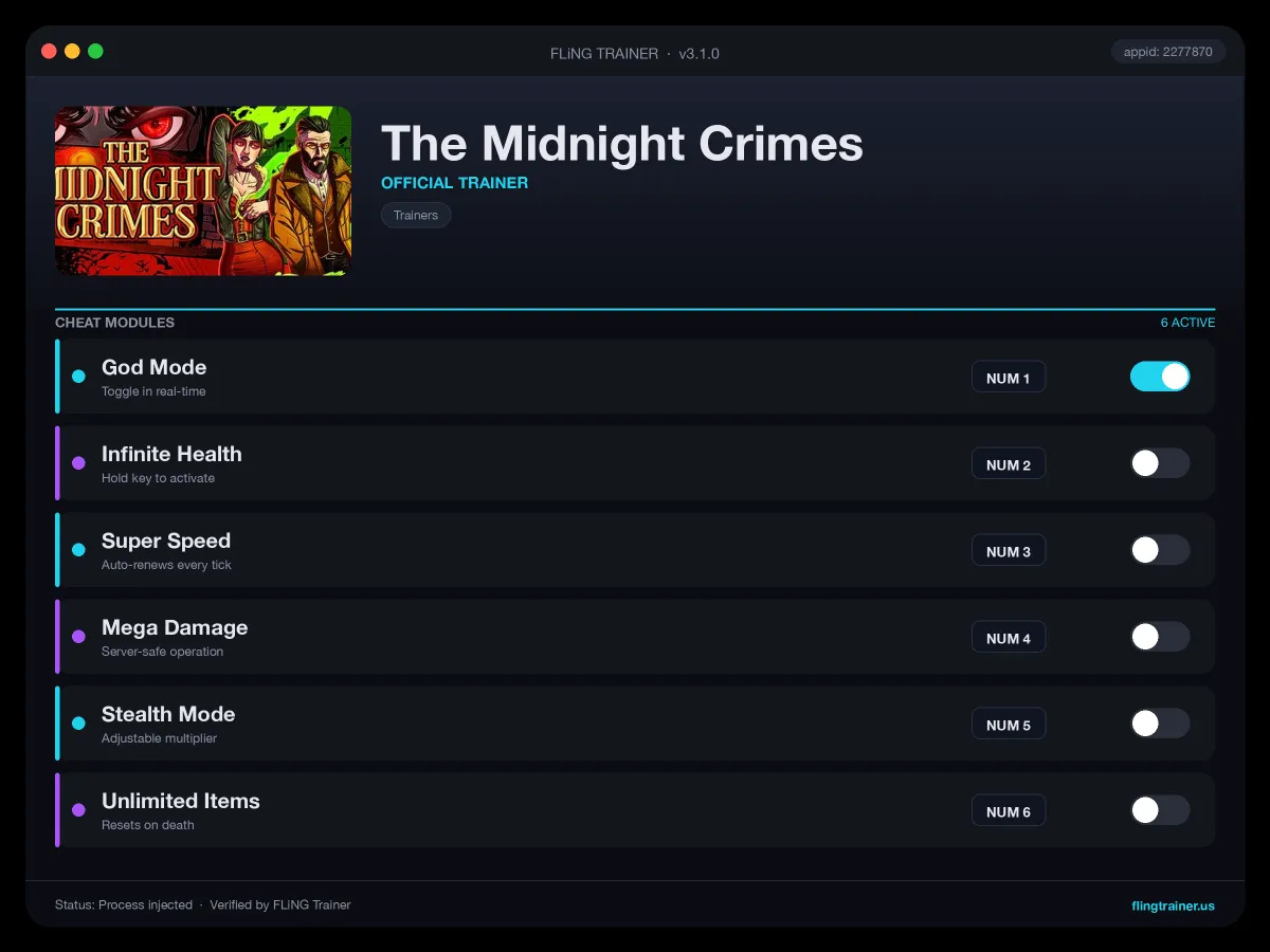 The Midnight Crimes Trainer interface