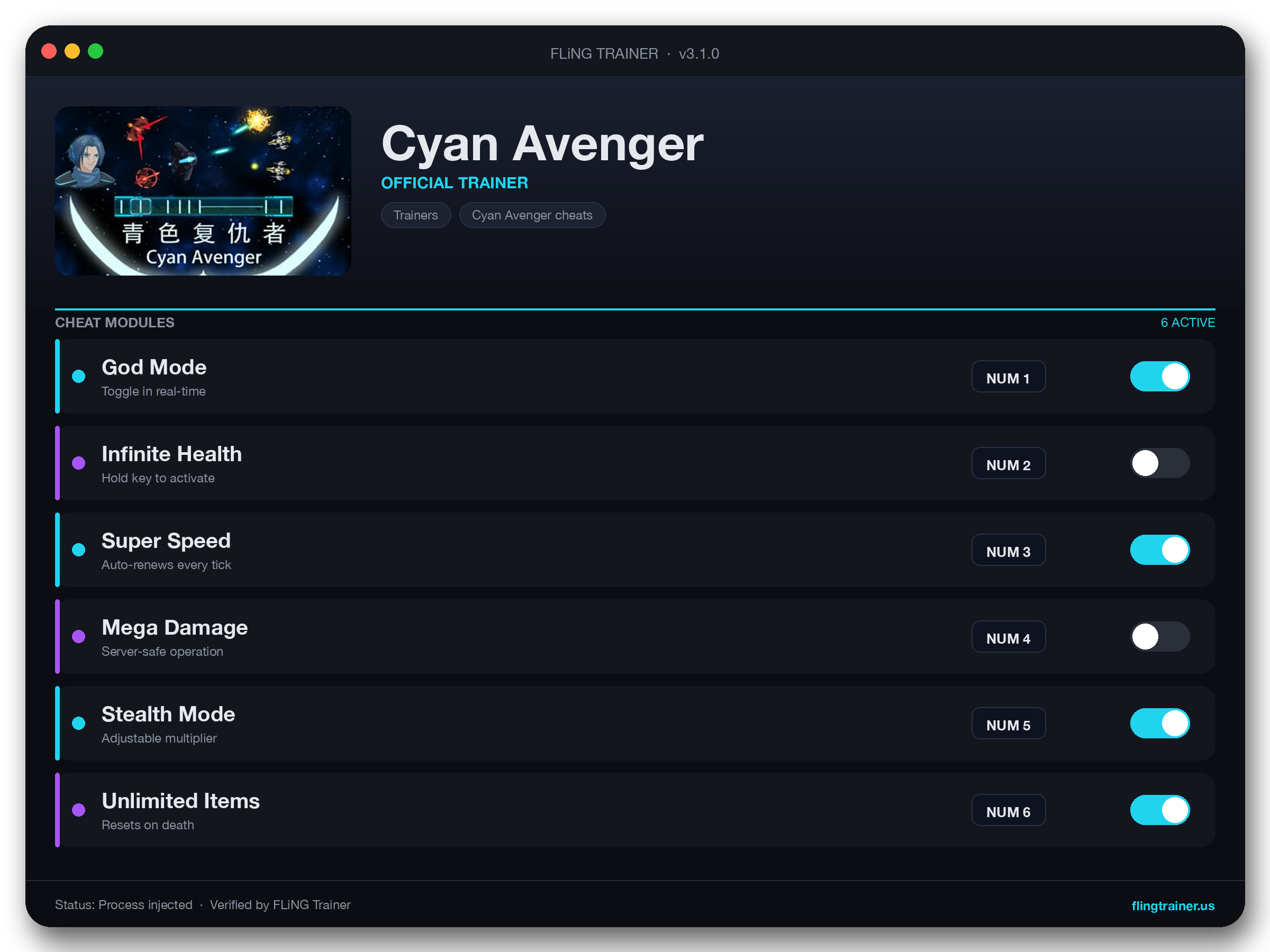 Cyan Avenger Trainer interface
