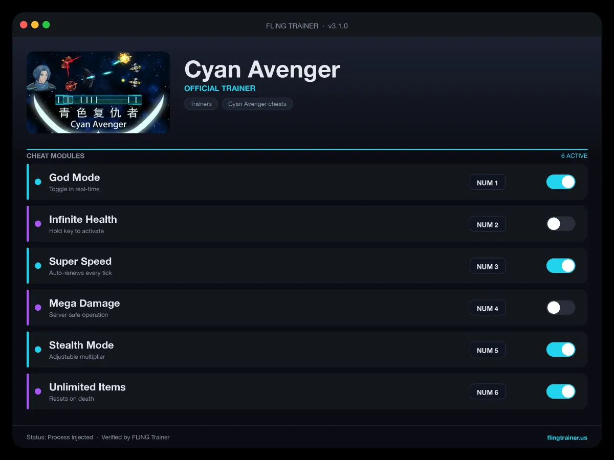 Cyan Avenger Trainer interface
