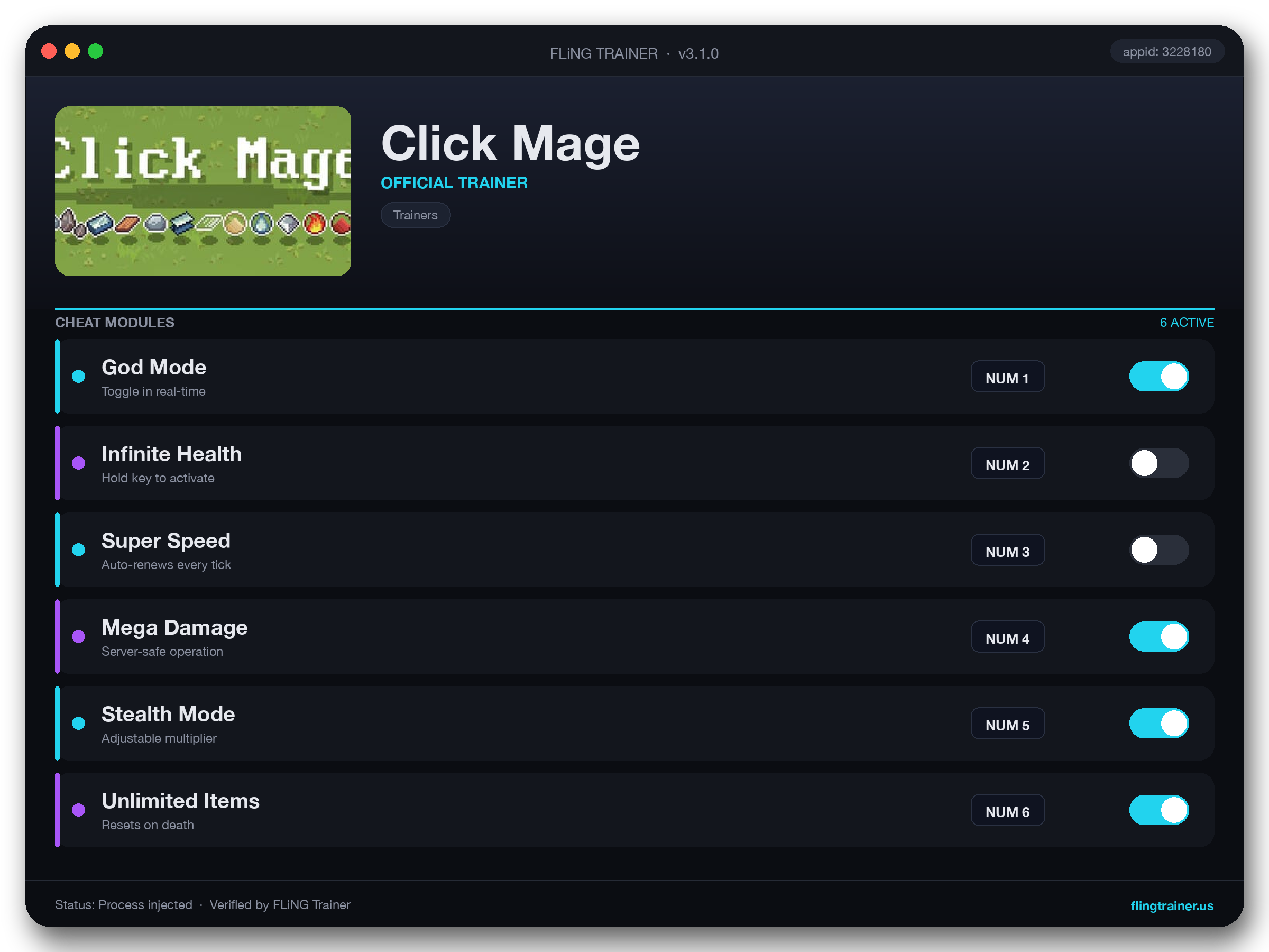 Click Mage Trainer interface