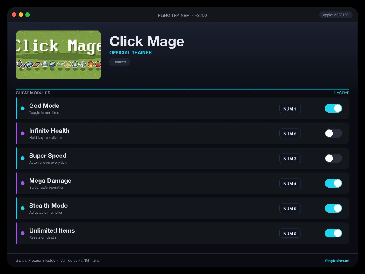 Click Mage Trainer interface