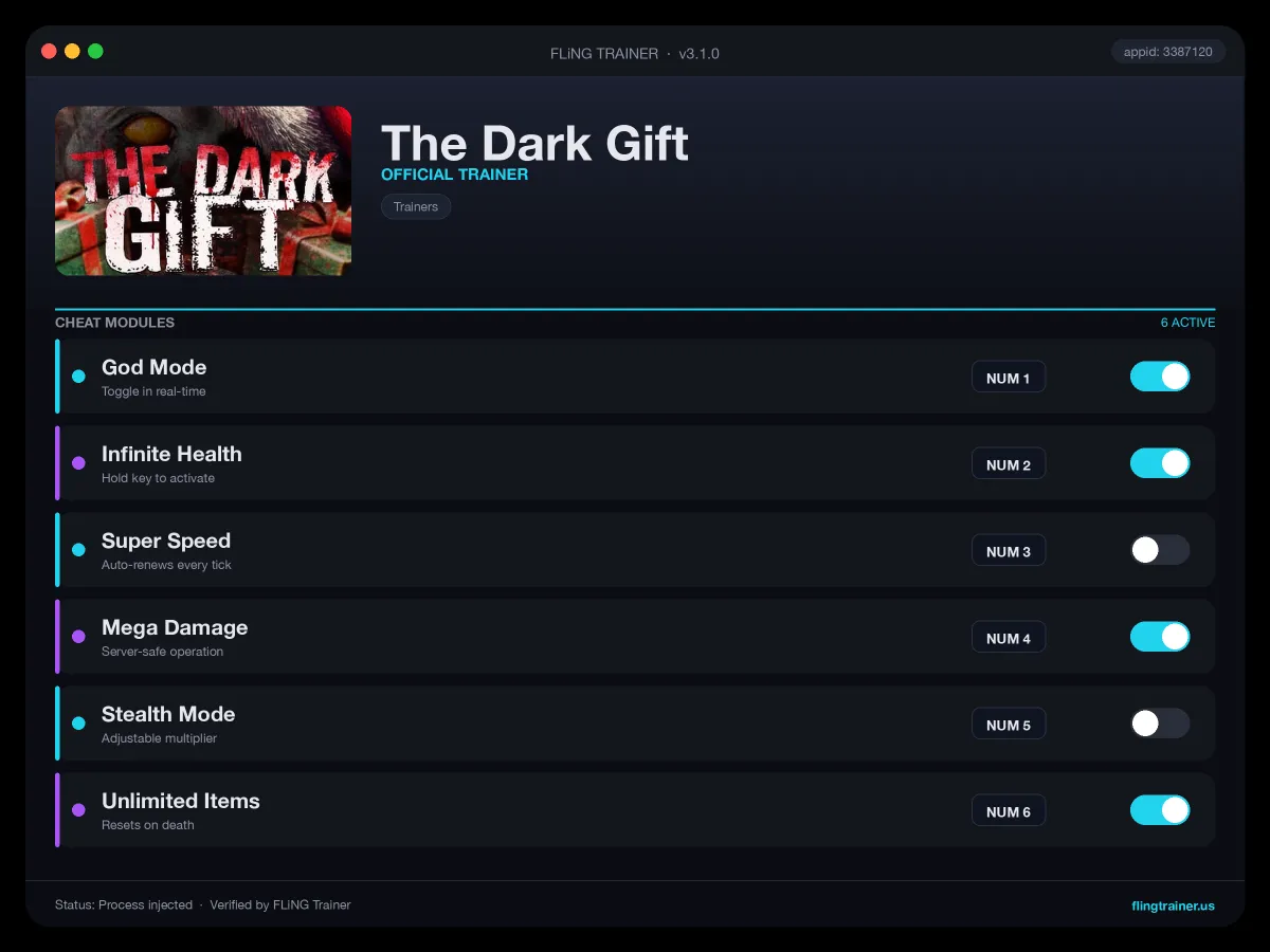 The Dark Gift Trainer interface