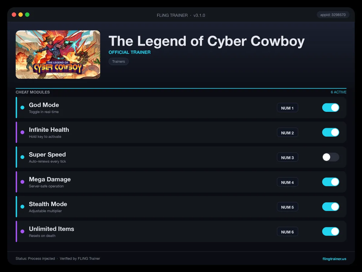 The Legend of Cyber Cowboy Trainer interface