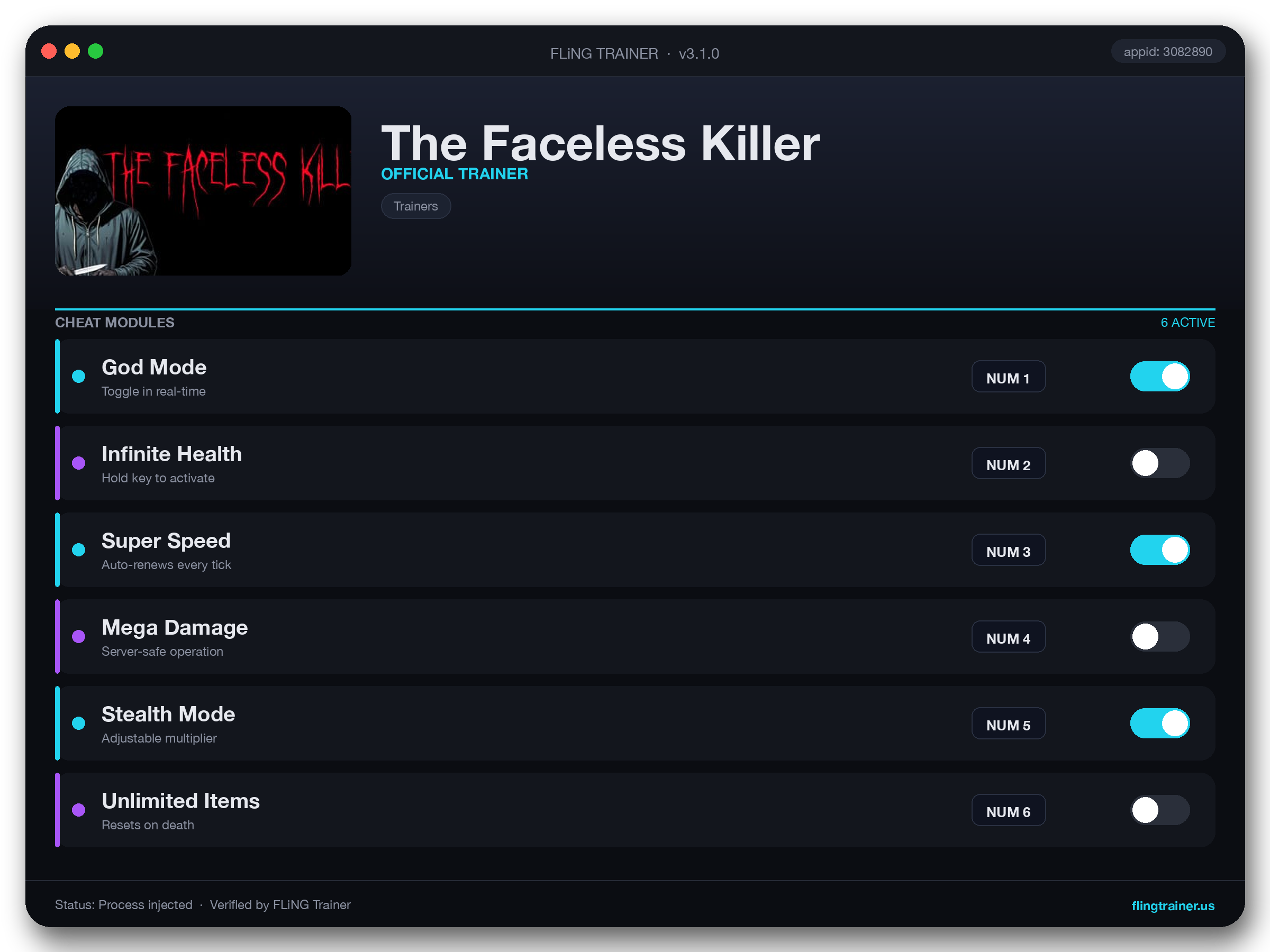 The Faceless Killer Trainer interface