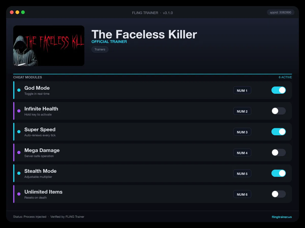 The Faceless Killer Trainer interface