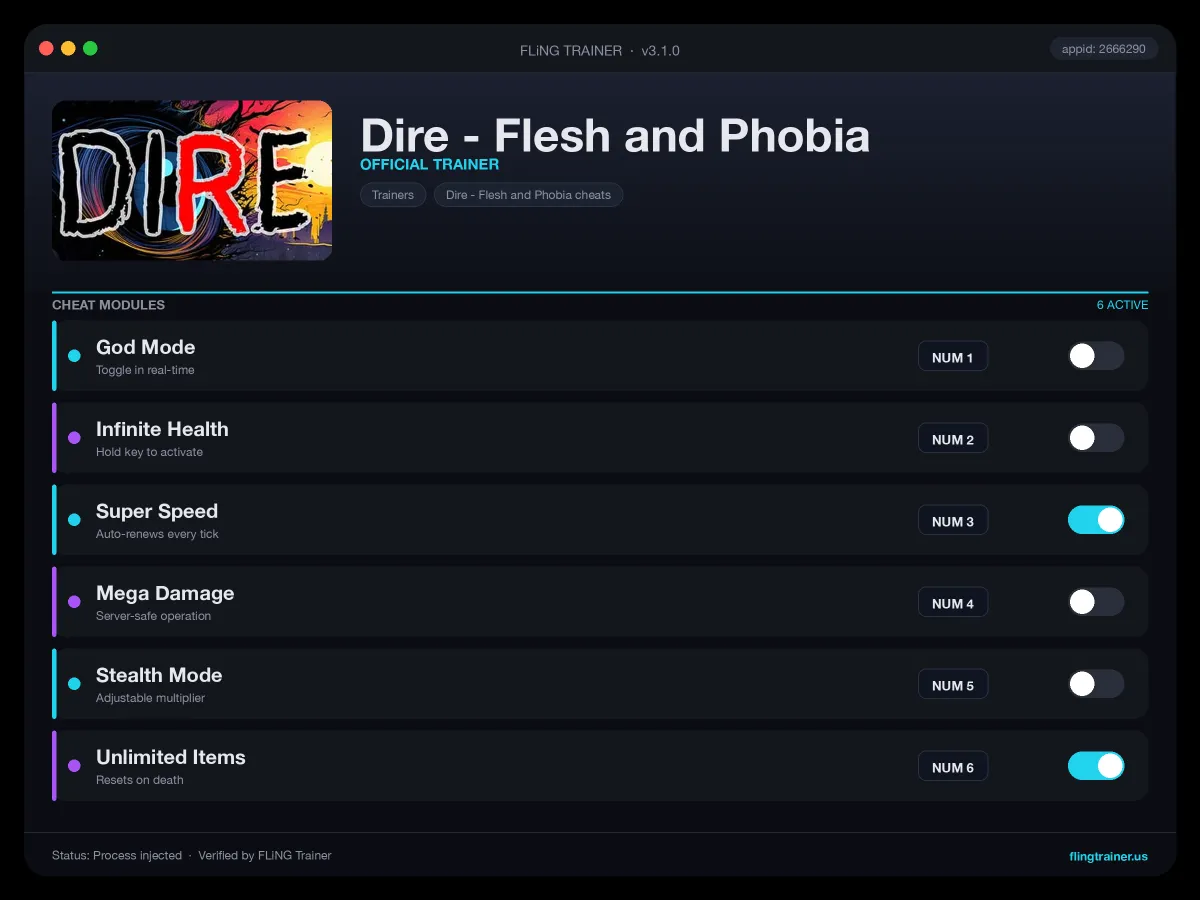 Dire - Flesh and Phobia Trainer interface