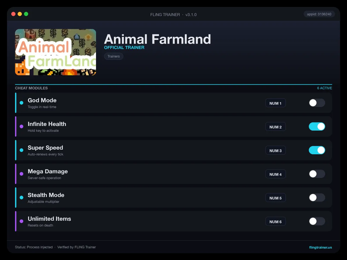 Animal Farmland Trainer interface