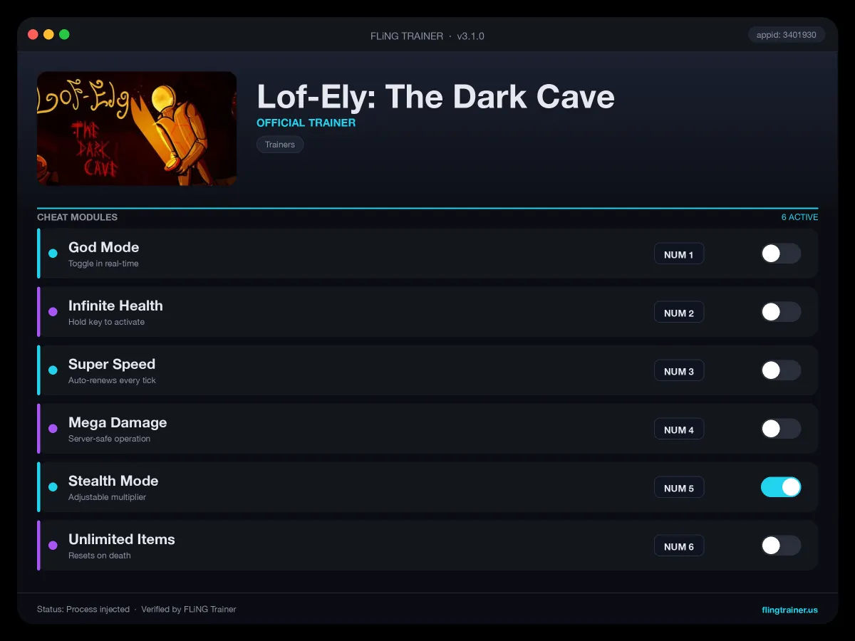 Lof-Ely: The Dark Cave Trainer interface