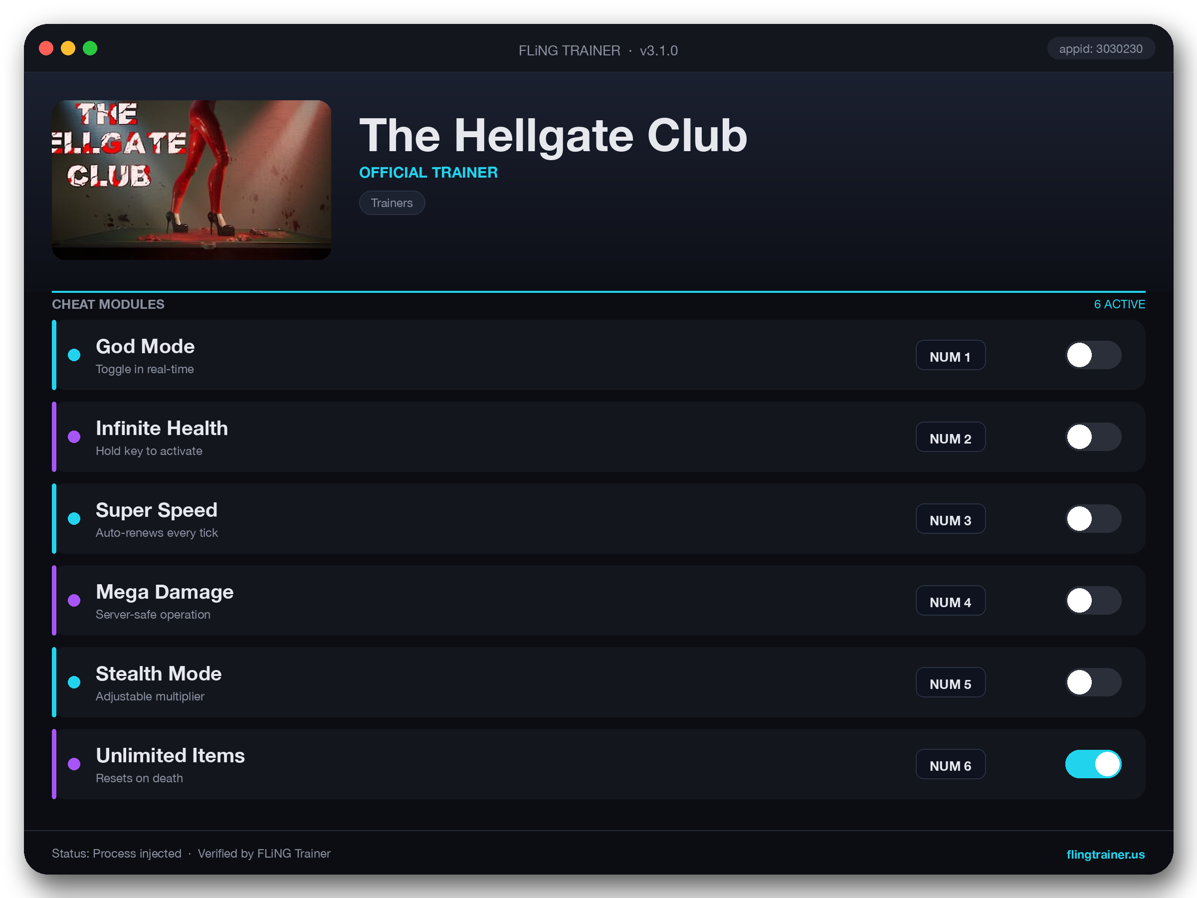 The Hellgate Club Trainer interface