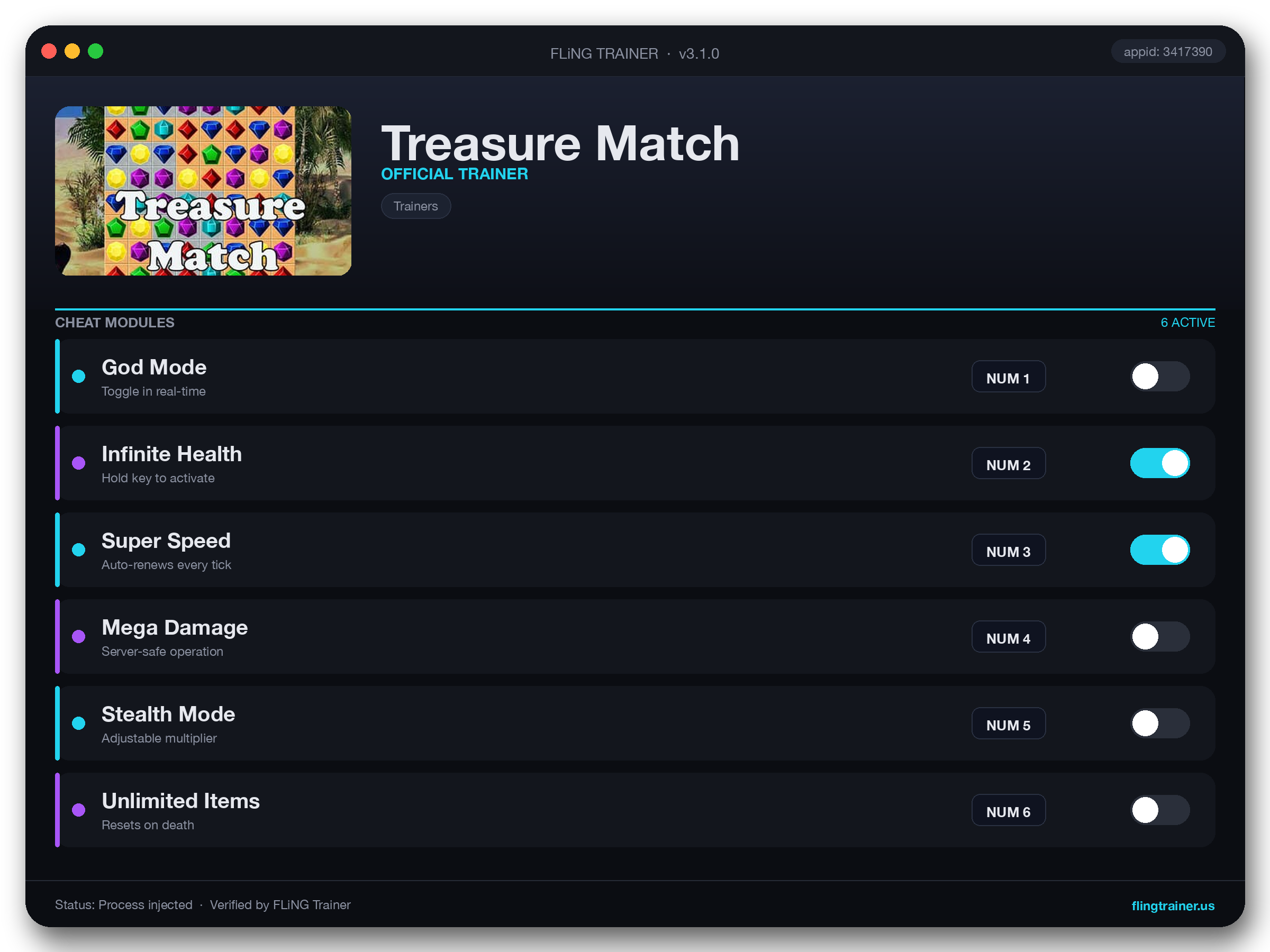 Treasure Match Trainer interface