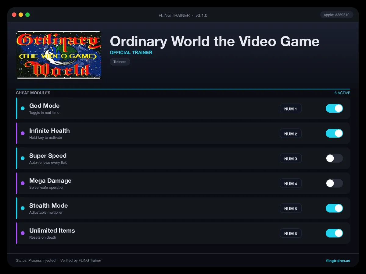 Ordinary World the Video Game Trainer interface