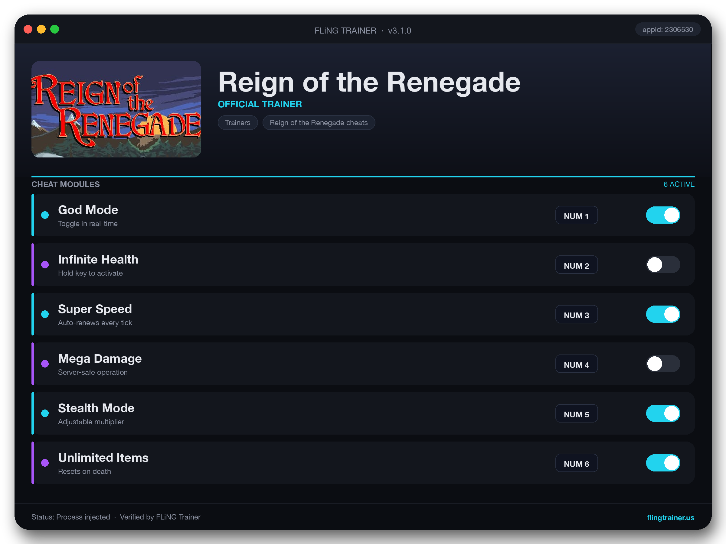 Reign of the Renegade Trainer interface