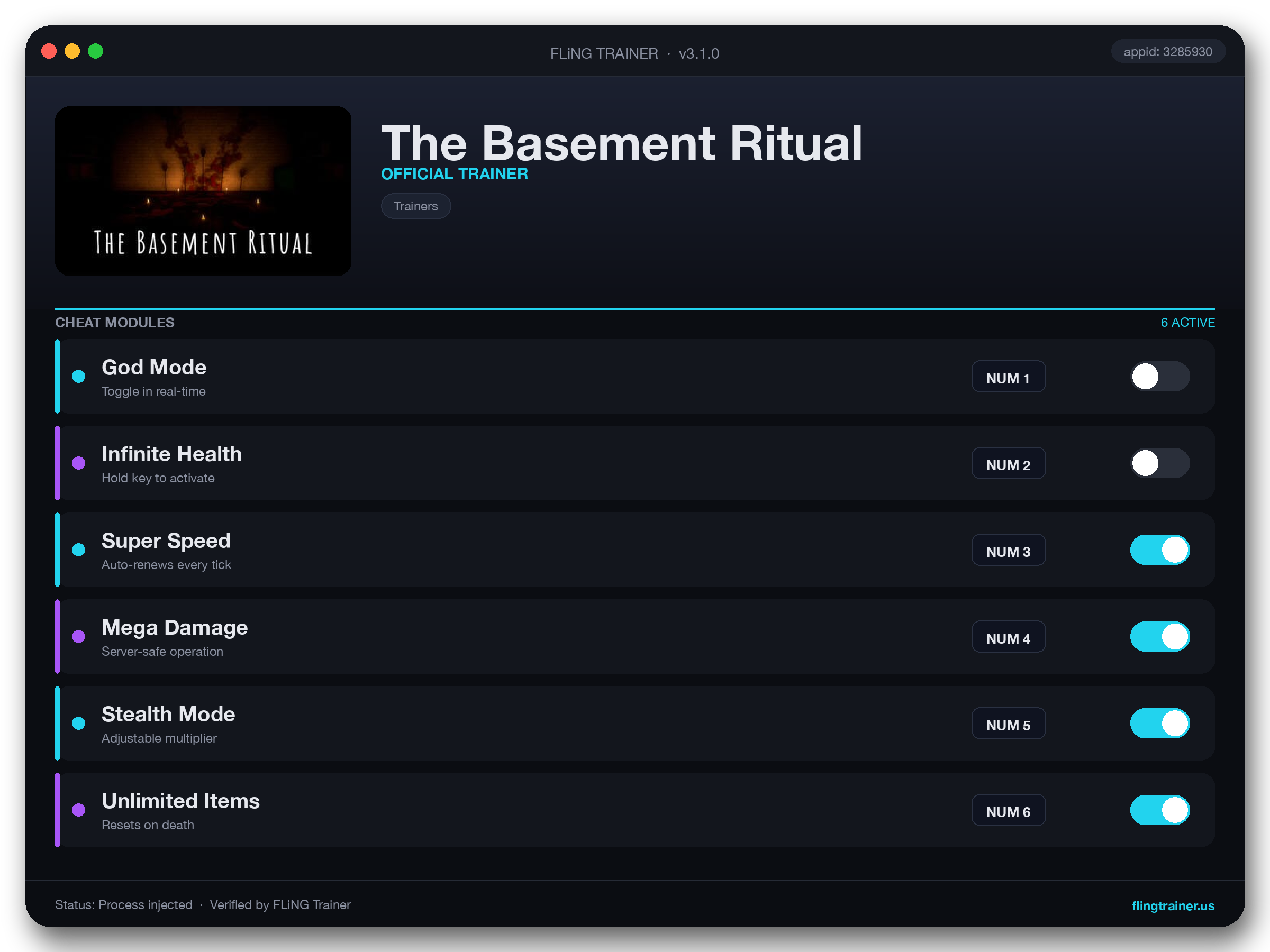 The Basement Ritual Trainer interface