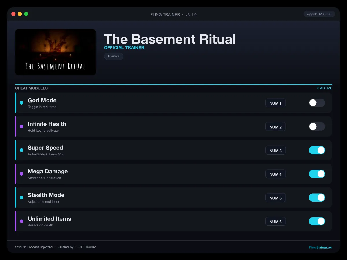 The Basement Ritual Trainer interface
