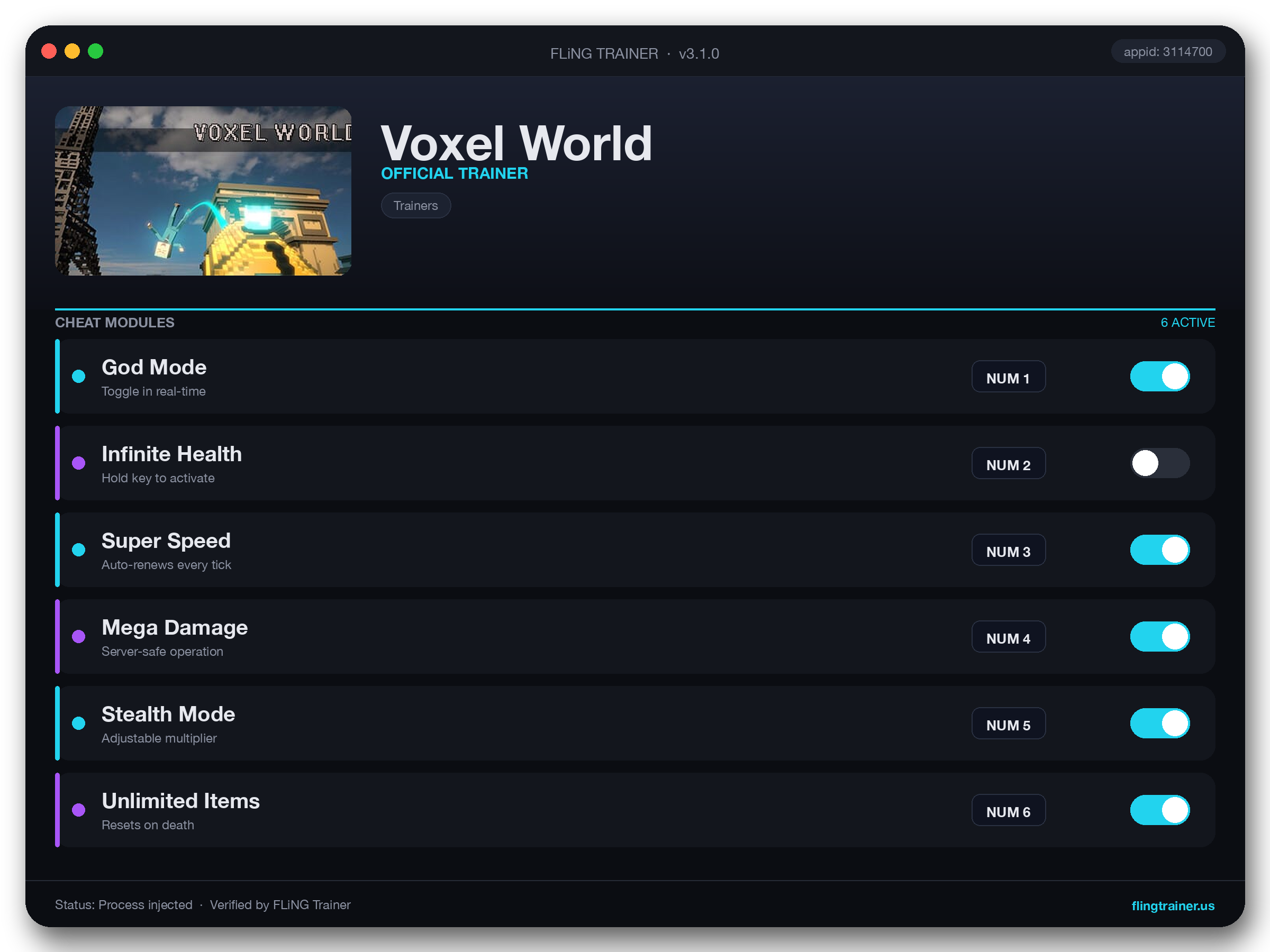 Voxel World Trainer interface