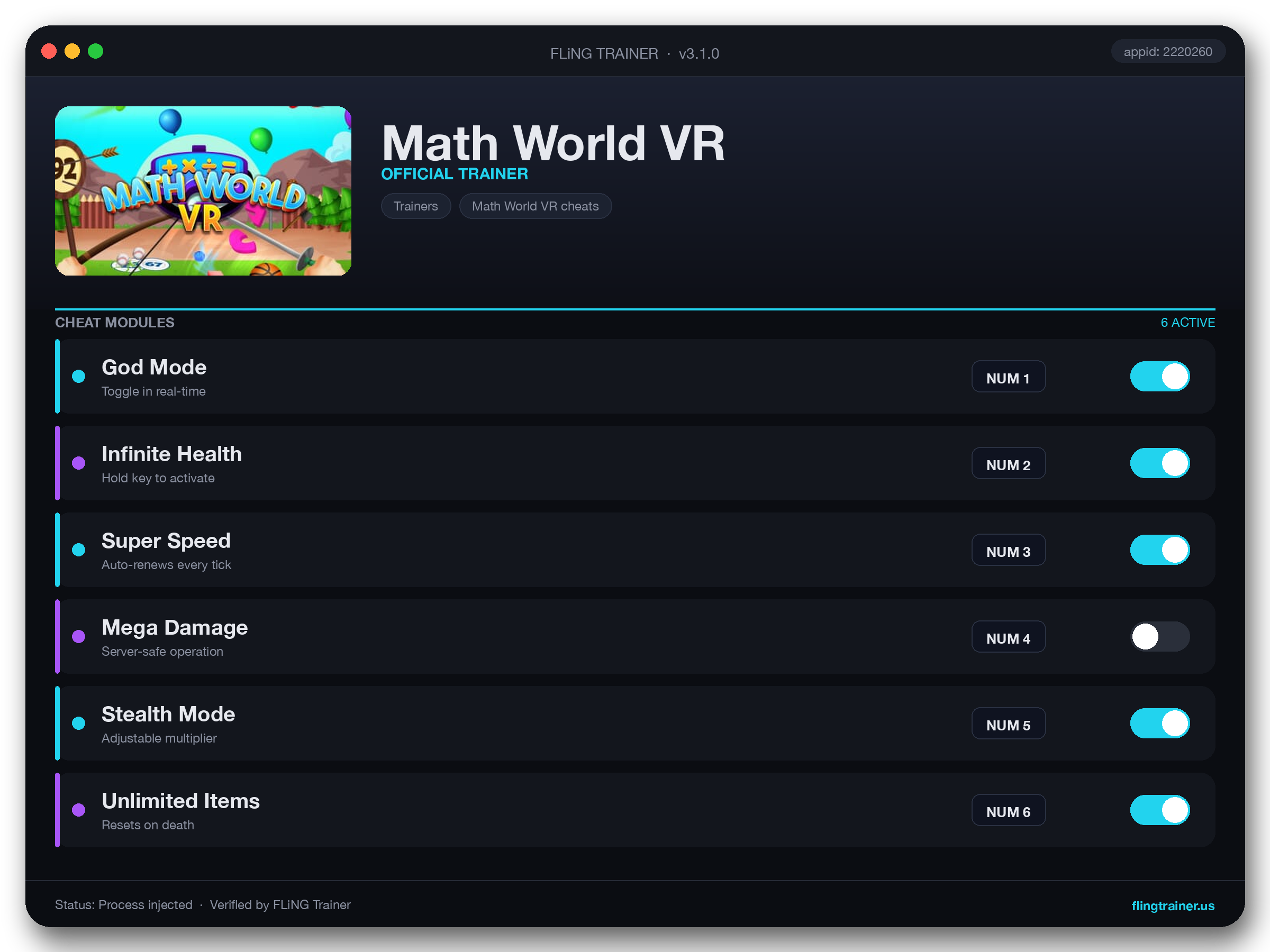 Math World VR Trainer interface