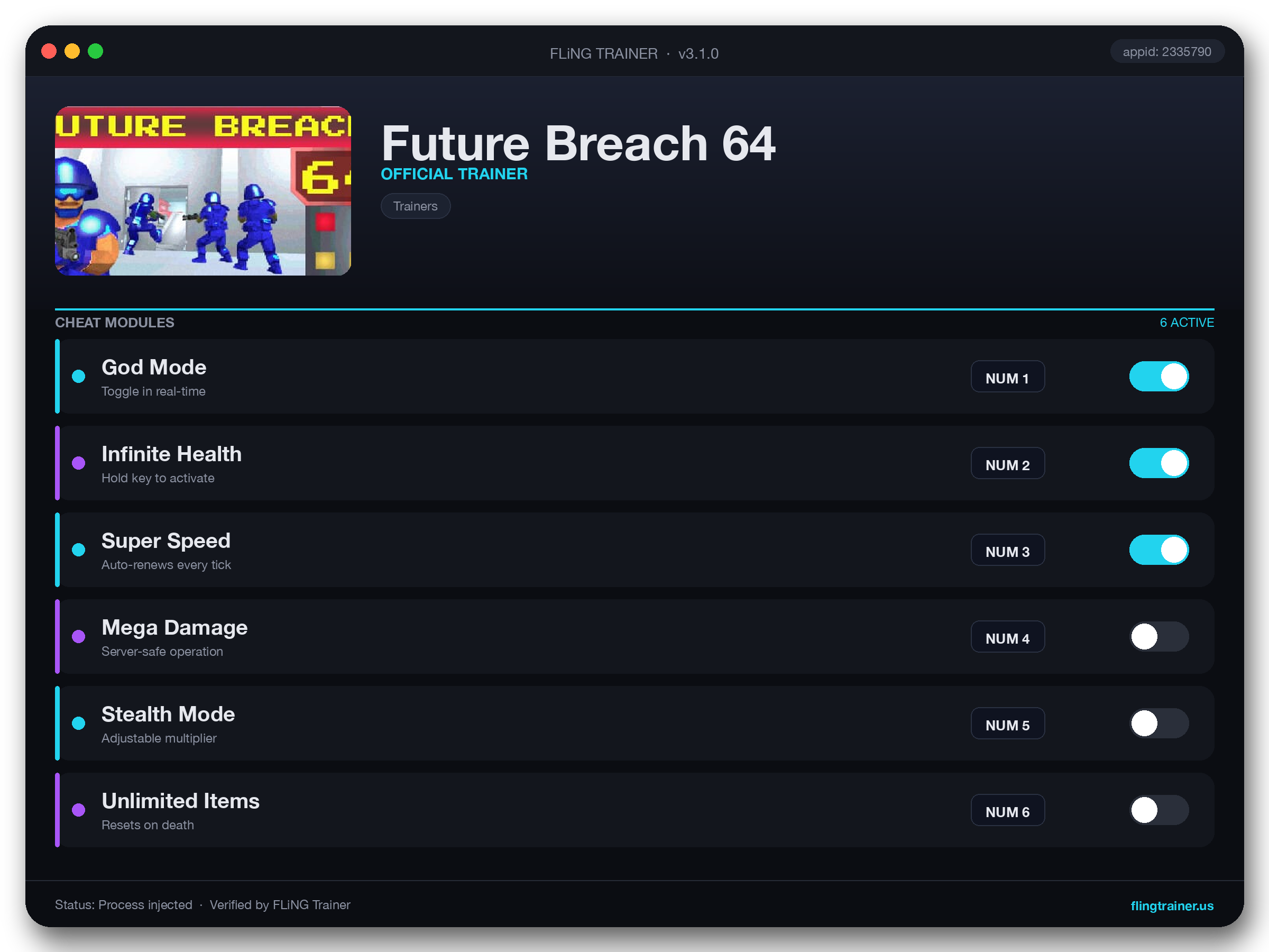 Future Breach 64 Trainer interface
