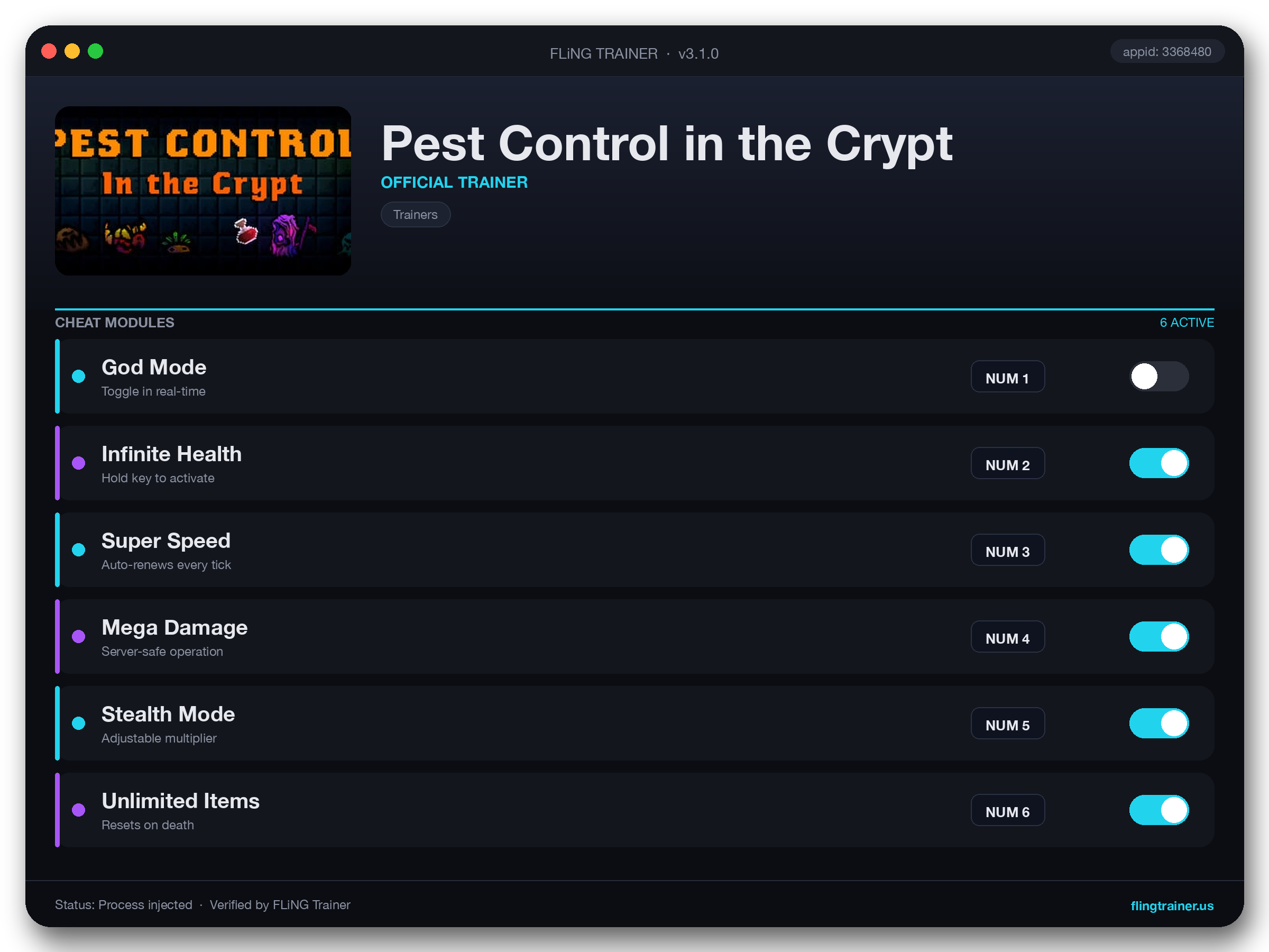Pest Control in the Crypt Trainer interface