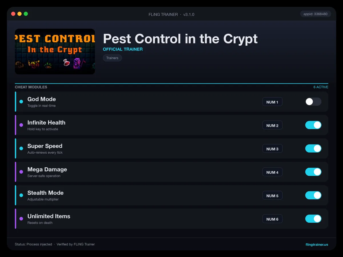 Pest Control in the Crypt Trainer interface