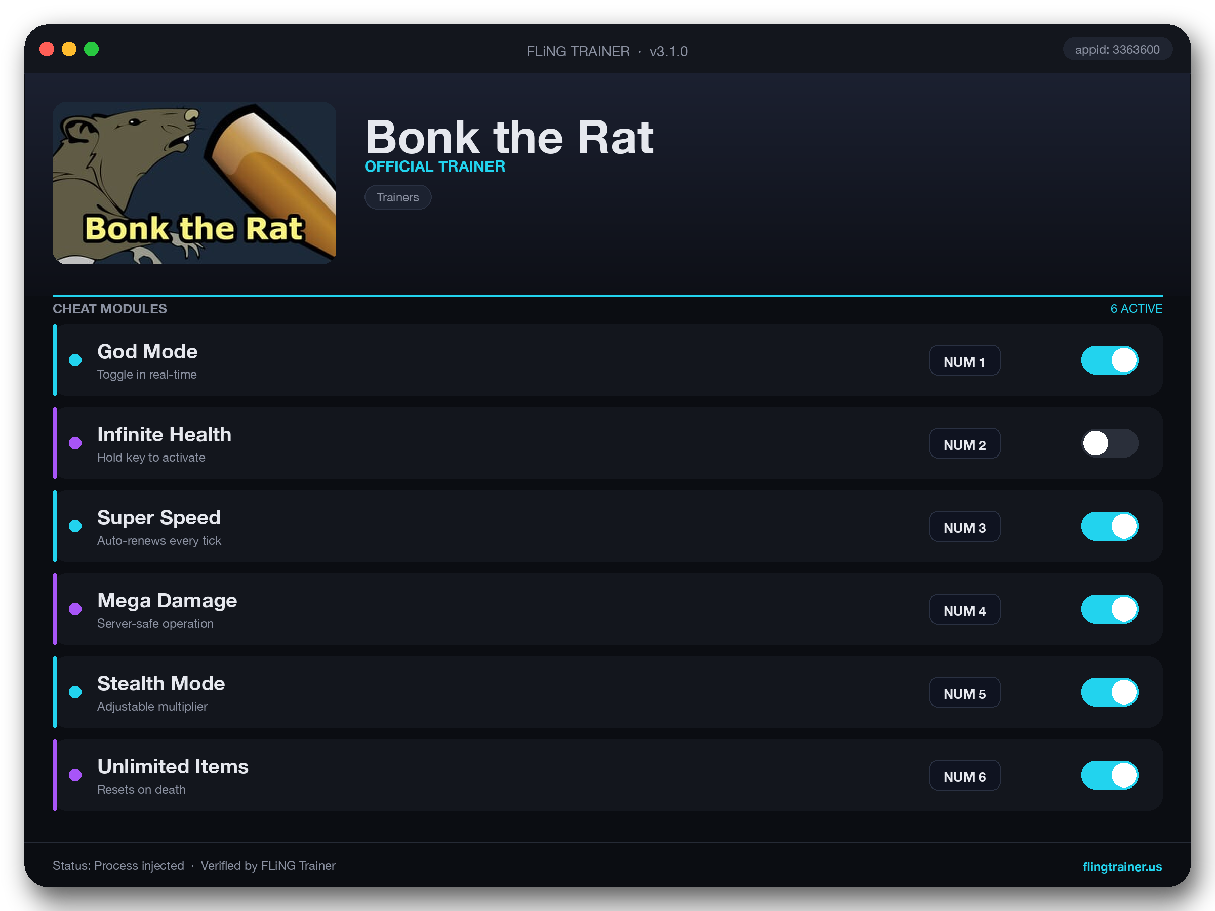 Bonk the Rat Trainer interface
